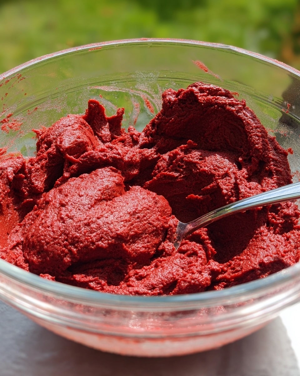 In a clear glass bowl is a thick, deep red mixture with a rich, dense texture that looks smooth but slightly rough in some spots. A silver spoon is resting inside the bowl on the right side, partially buried in the mixture. The background shows an outdoor green area slightly out of focus. The red mixture fills most of the bowl with uneven peaks and soft folds visible on the surface photo taken with an iphone --ar 4:5 --v 7