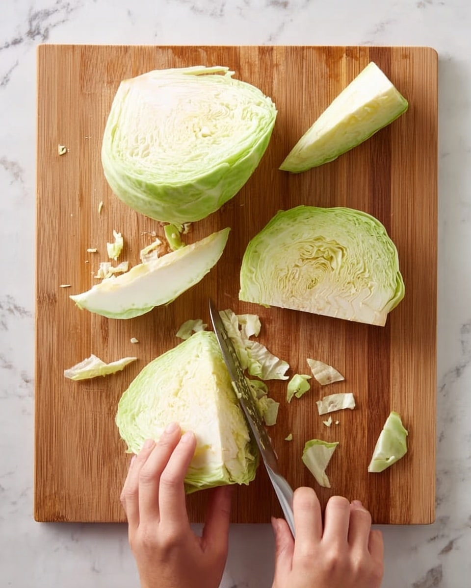 A wooden cutting board placed on a white marbled surface holds a light green cabbage being sliced. There are four main pieces of cabbage on the board: one large quarter at the top, one thick half at the bottom left, one small triangular piece at the top right, and one thin strip being cut by a woman's hand holding the cabbage and another woman's hand holding a knife. The knife is positioned vertically, slicing through the cabbage strip, while small loose pieces of cabbage peel scatter around. The texture of the cabbage shows light green outer leaves and pale, white inner layers. Photo taken with an iphone --ar 4:5 --v 7