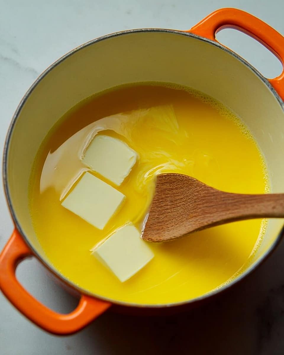 The image shows a close-up of a white pot with an orange handle, filled with a bright yellow liquid. Three pieces of white butter float on top of the yellow liquid. A wooden spoon is stirring the mixture, creating a swirl where the spoon touches the liquid. The pot is placed on a white marbled surface. The photo taken with an iphone --ar 4:5 --v 7