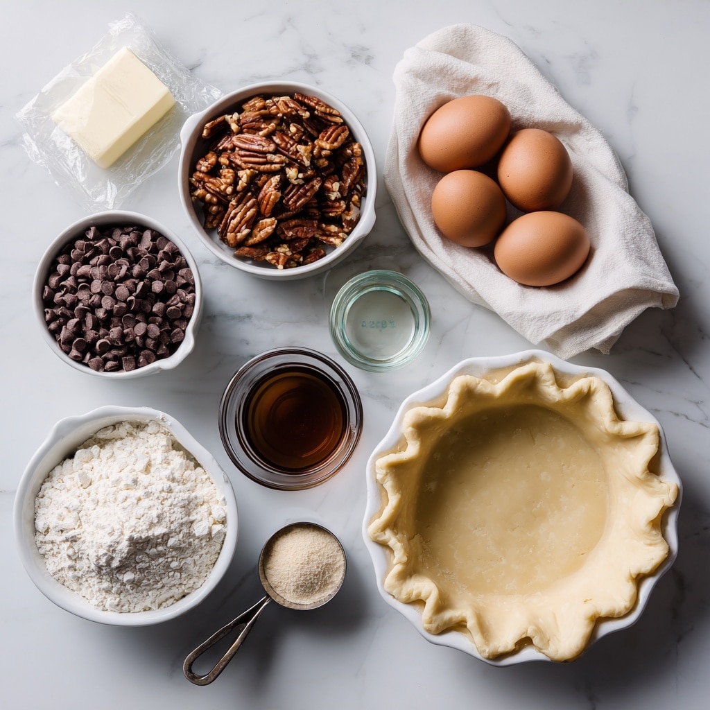 The image shows ingredients for baking laid out on a white marbled surface. At the bottom right, there is an empty pie crust in a white pie dish, with its edges pressed neatly. Above it, four brown eggs rest on a white cloth. To the left, there is a white bowl full of roughly chopped brown pecans and another white bowl filled with small, dark chocolate chips below it. Next, a small glass container with a clear liquid sits beside a white bowl packed with light brown sugar. A metal measuring cup with white flour is placed below the sugar bowl. On the top left corner, there is a partially shown wrapped stick of butter and a tiny glass jar filled with dark vanilla extract. photo taken with an iphone --ar 4:5 --v 7