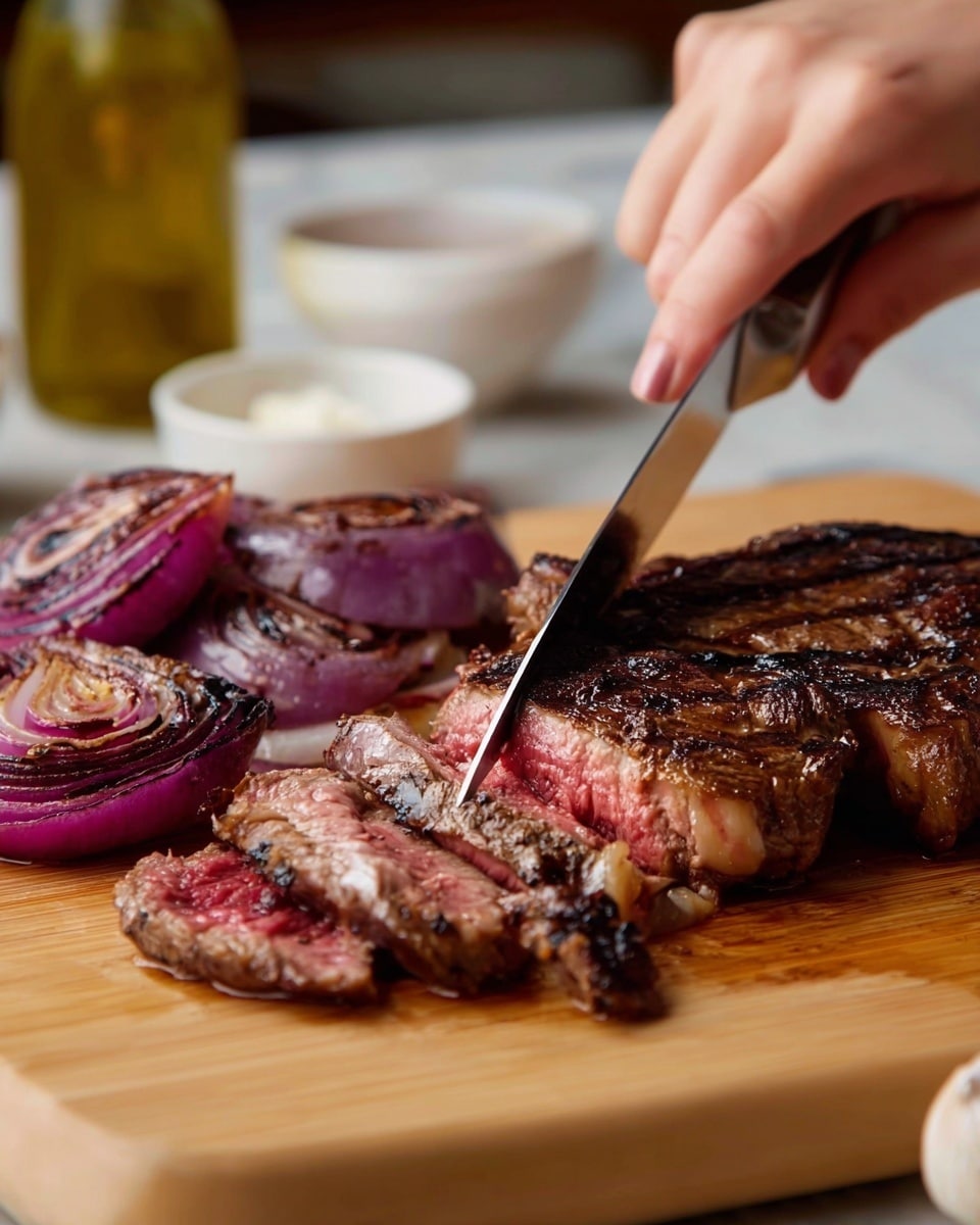 A grilled steak with a dark brown charred crust is being sliced on a light wooden cutting board. The inside of the steak shows layers of pinkish red, indicating it is cooked medium. Behind the steak are several grilled purple onion slices with dark grill marks, arranged in a small pile. A woman's hand holds the steak steady while a sharp knife cuts through the meat. The background shows small white bowls and an oil bottle on a white marbled surface. photo taken with an iphone --ar 4:5 --v 7