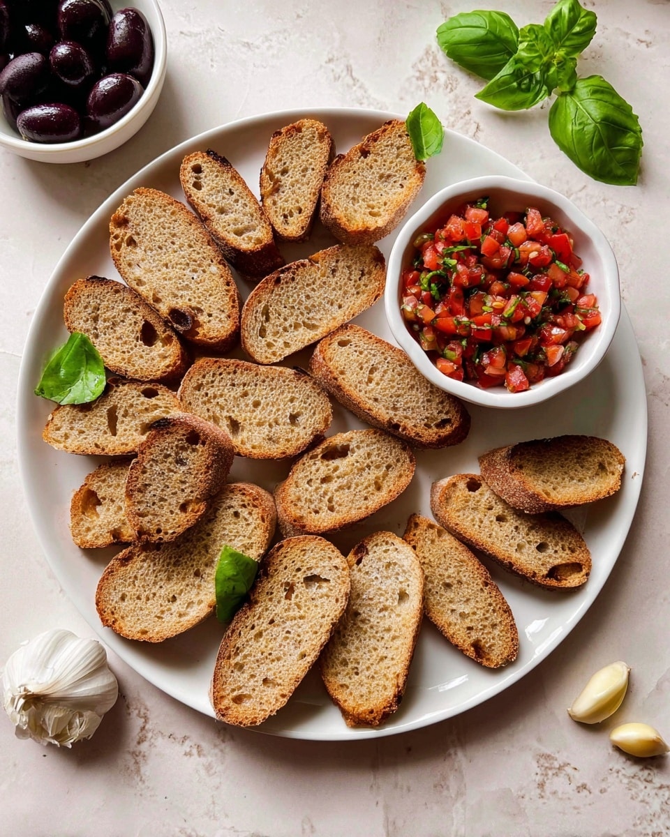 A white plate holds eleven toasted, golden brown bread slices arranged in a loose circle, each slice showing a rough texture with some darker charred spots. In the center right of the plate, there is a small white bowl filled with finely chopped red tomatoes mixed with green herbs, giving a fresh look. Around the bread slices and bowl, bright green basil leaves add a vibrant touch. To the top left of the plate, a small white bowl contains shiny black olives, and near it, there are a few garlic cloves resting directly on the white marbled surface. Photo taken with an iphone --ar 4:5 --v 7