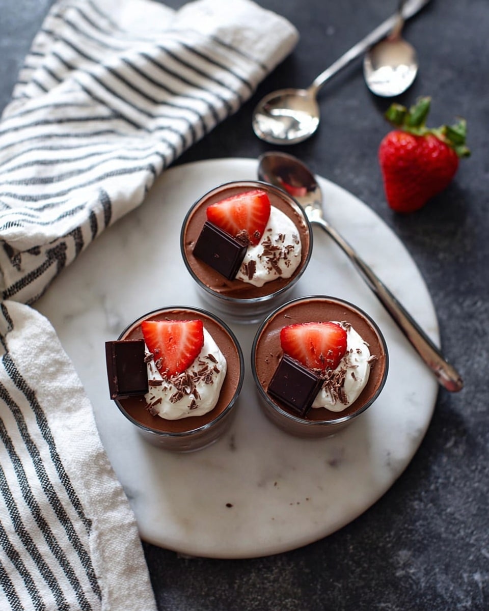 This image shows three small glass cups filled with a smooth, dark brown chocolate mousse. Each cup has a layer of white cream dolloped on top, sprinkled lightly with chocolate shavings. On the cream layer of each cup, there is a piece of dark chocolate square and a bright red strawberry slice, placed next to each other. The cups are arranged in a triangle shape on a round white plate sitting on a white marbled surface. A white cloth with black stripes is draped next to the plate, and a woman's hand holding two spoons is near the top of the frame. A whole strawberry is also on the surface nearby photo taken with an iphone --ar 4:5 --v 7