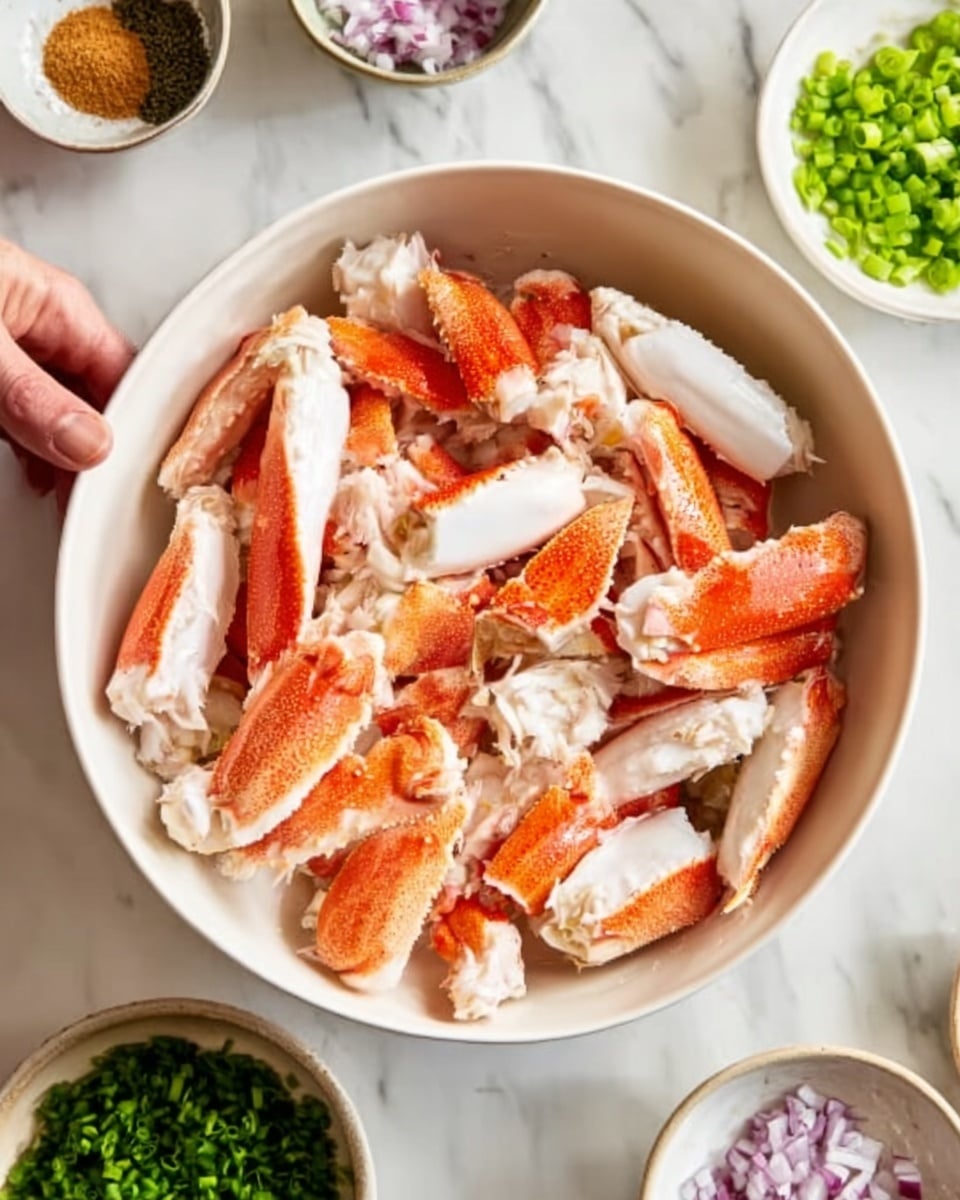 A white bowl filled with many pieces of orange and white crab meat arranged loosely in layers, showing a mix of smooth white parts and orange-red textured parts. Around the bowl are small white bowls with bright green chopped celery, finely chopped green herbs, small brown spices, and finely chopped red onion, all placed on a white marbled surface. A woman's hand is gently touching the edge of the bowl. photo taken with an iphone --ar 4:5 --v 7