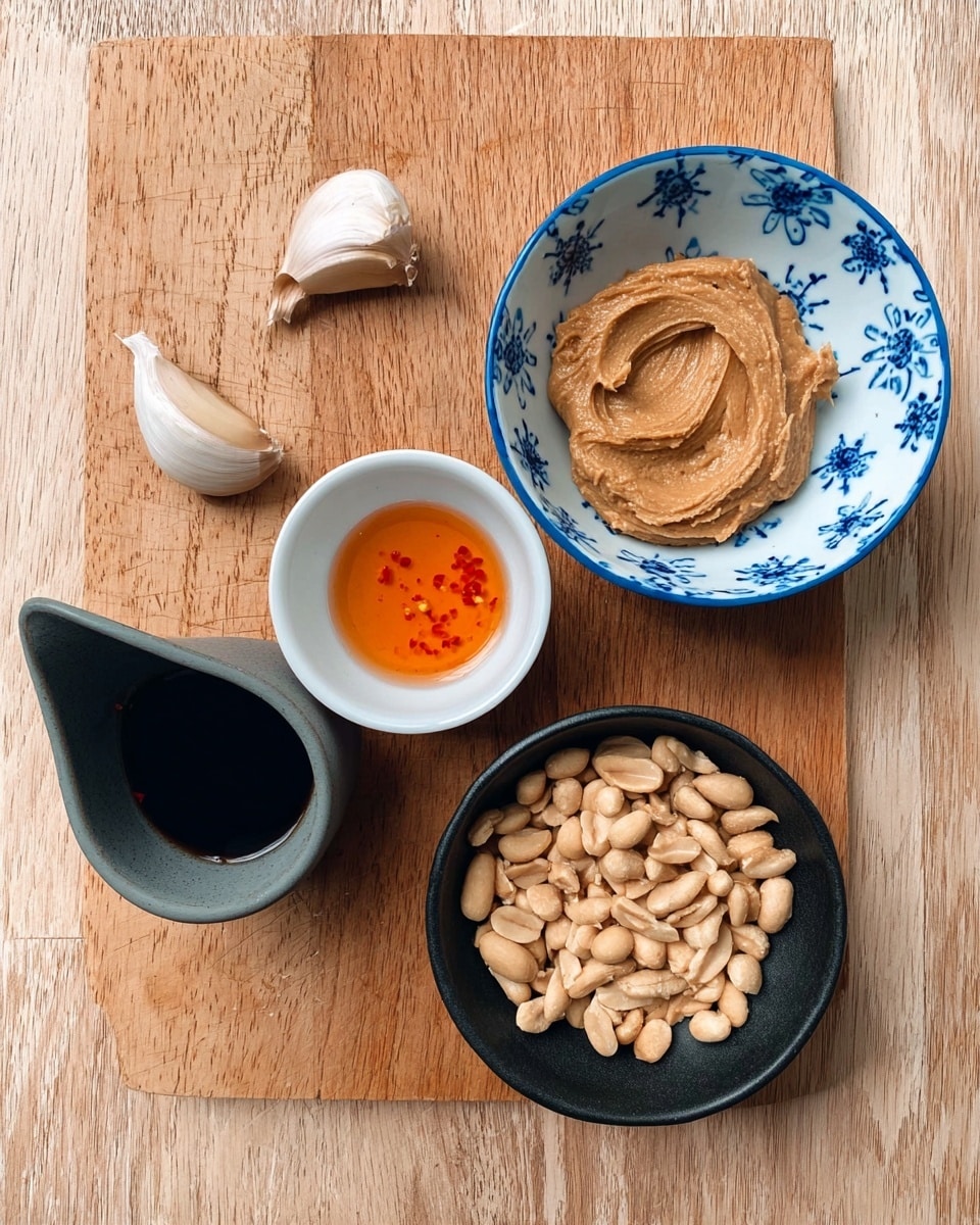 The image shows a top view of four small bowls and two garlic cloves placed on a wooden cutting board with a white marbled texture background. The top right bowl is blue with white floral patterns and contains a thick, light brown paste with swirled texture. Below it to the right is a black bowl filled with whole roasted peanuts. To the left of the peanuts is a small, dark gray bowl with a spout holding a small amount of dark soy sauce. Above it on the left is a small white bowl containing a translucent orange chili sauce with visible chili seeds. Two whole garlic cloves are placed next to the bowls on the top left. The photo was taken with an iphone --ar 4:5 --v 7