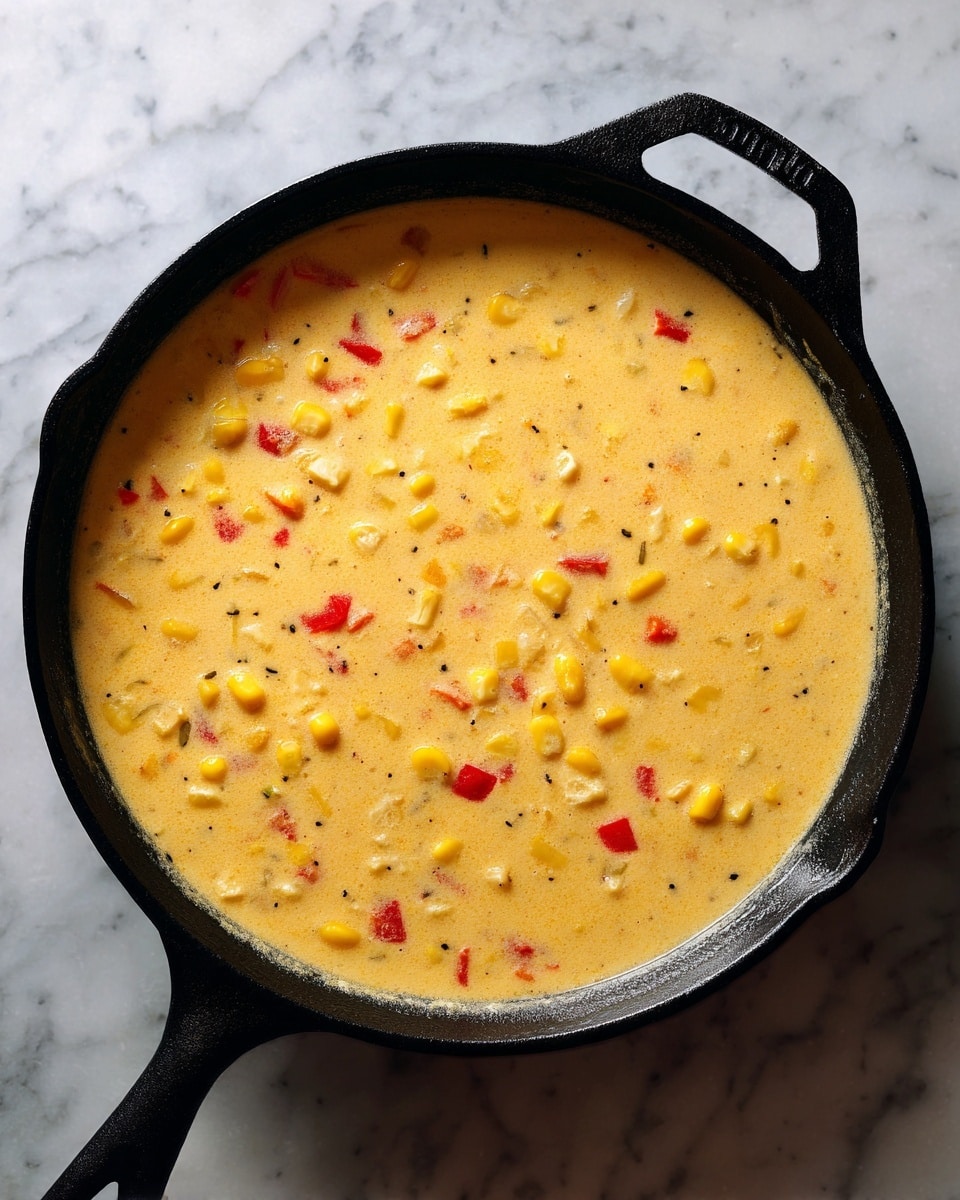 A black cast iron pan filled with a creamy light yellow soup that has visible pieces of yellow corn and small red bell pepper bits evenly spread throughout. The soup has a smooth texture with some small chunks of soft ingredients mixed in, and the pan sits on a white marbled surface. Photo taken with an iphone --ar 4:5 --v 7