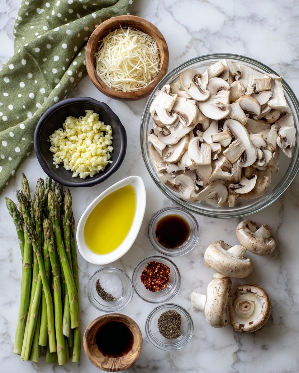 The image shows fresh ingredients arranged neatly on a white marbled surface. On the right, a large clear glass bowl is filled with sliced white mushrooms, showing their light beige caps and dark gills underneath. Below the bowl, there is a small black bowl filled with finely chopped garlic, pale yellow in color. Next to it, a bundle of green asparagus spears lies diagonally, with some tips slightly purple. Near the center-left, a white teardrop-shaped bowl holds bright yellow olive oil. Above it, a small round wooden bowl contains shredded white parmesan cheese. To the top left, a tiny wooden bowl has red chili flakes. Below, two small clear glass bowls hold dark balsamic vinegar and Worcestershire sauce, respectively. At the bottom left, a tiny clear bowl shows a mix of white salt and black pepper. At the top left corner, a green cloth with white dots is somewhat folded. Photo taken with an iphone --ar 4:5 --v 7