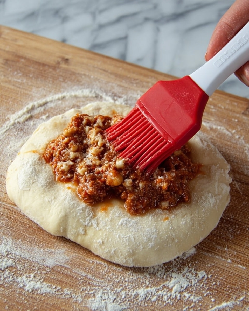A close-up image shows a round piece of dough on a wooden surface with some flour scattered around. In the center of the dough is a thick, chunky mix with a reddish-brown color, containing small bits of what looks like cheese or nuts. A woman's hand is holding a red silicone brush with a white handle, gently brushing something around the edge of the dough. The background is a white marbled texture. Photo taken with an iphone --ar 4:5 --v 7