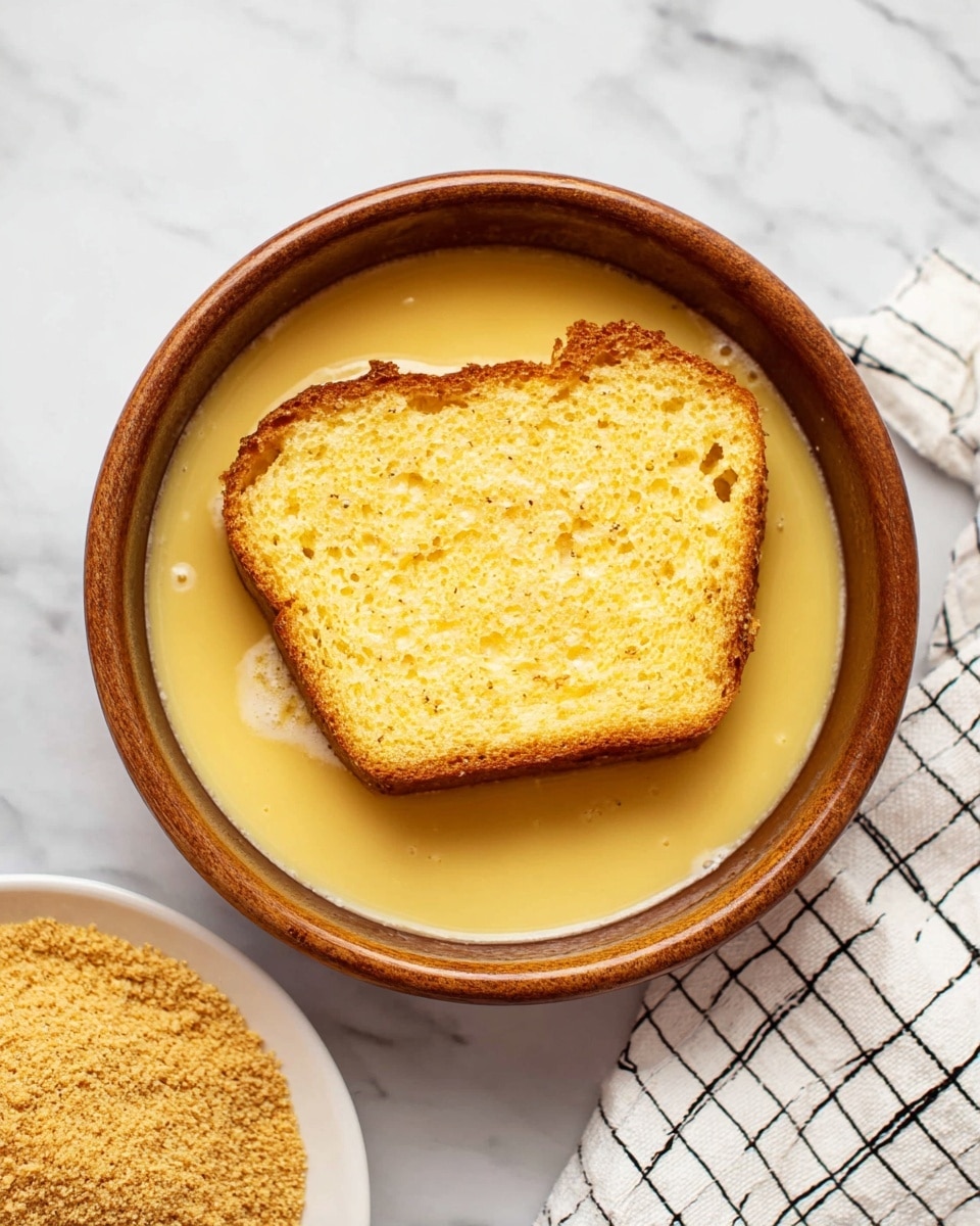 A slice of golden-yellow bread soaked in a smooth, pale yellow egg mixture inside a round brown bowl, with the bread centered and floating on the surface. Next to the bowl, on the left side, there is a white plate holding a crumbly light brown powder. The scene is set on a white marbled surface, and a white towel with a black grid pattern is visible in the bottom right corner. photo taken with an iphone --ar 4:5 --v 7