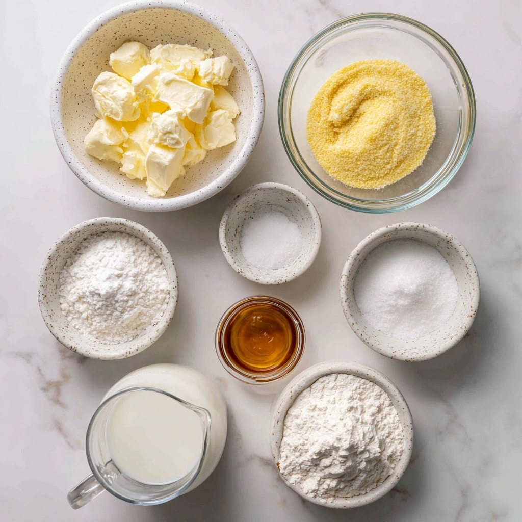 The image shows seven bowls and a small pitcher arranged on a white marbled surface. At the top left is a white speckled bowl filled with pale yellow chunks of butter. Next to it on the right is a clear glass bowl filled with yellow cornmeal. Below the butter bowl is a small white speckled bowl with white baking powder, and to its right is a white speckled bowl with white baking soda. In the center below these is a small clear bowl of amber honey. At the bottom left is a clear glass pitcher filled with white buttermilk. At the bottom right is a white speckled bowl full of white flour. Each bowl is labeled in black text with the ingredient name placed over the content. The photo taken with an iphone --ar 4:5 --v 7