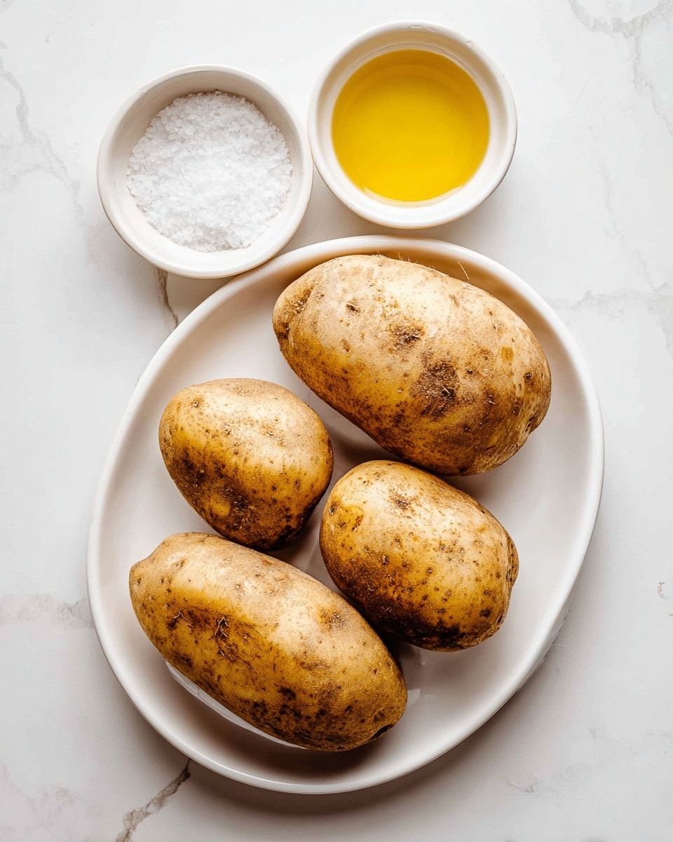 Four whole light brown potatoes with rough skins lay side by side on a white oval plate. Above the plate are two small white bowls, one filled with coarse white salt and the other with a golden yellow liquid. The background is a white marbled texture. photo taken with an iphone --ar 4:5 --v 7