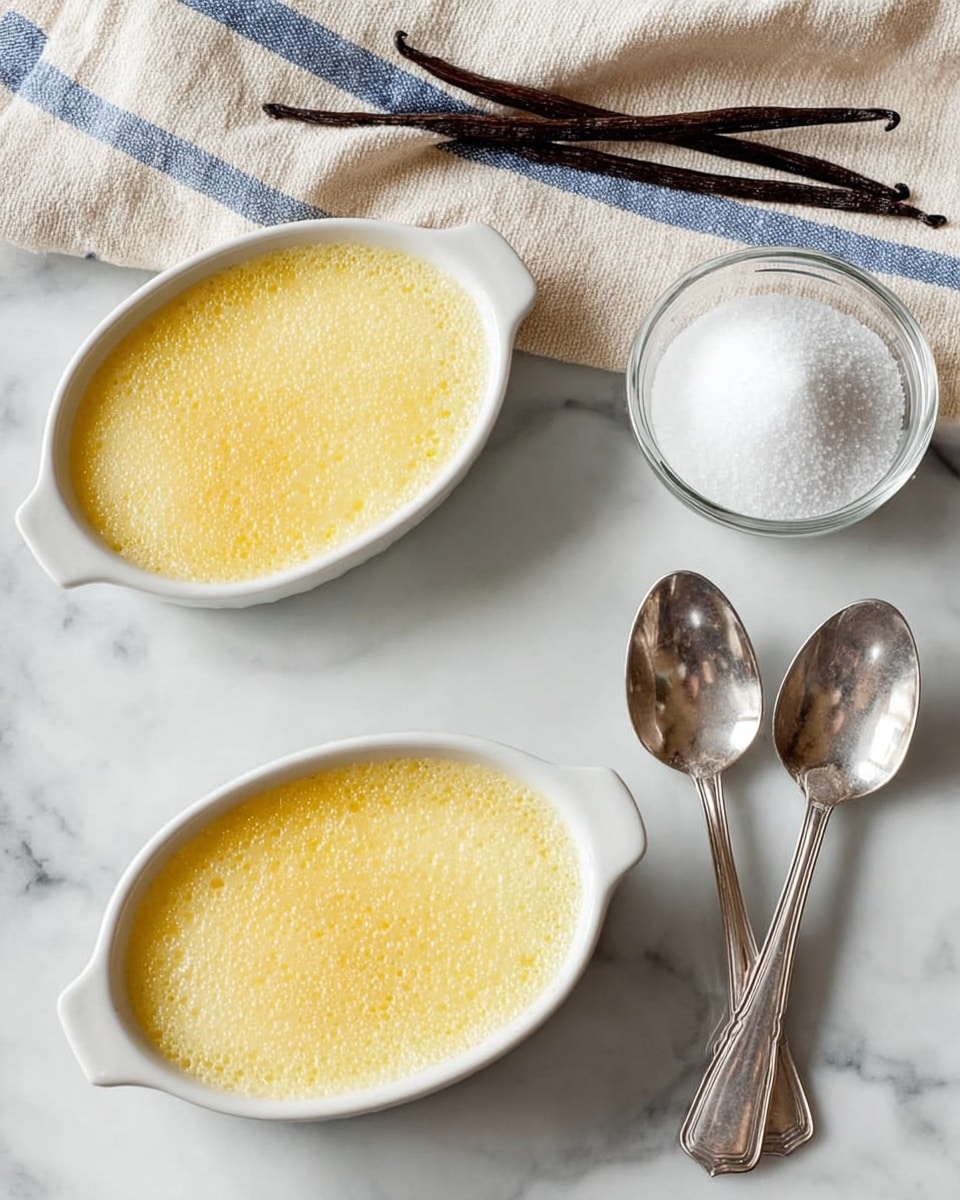 Two white oval dishes filled with a smooth, light yellow creamy dessert that has a slightly bubbly texture on top. The dishes are placed on a white marbled surface. To the top left, there is a beige cloth with blue stripes and two dark brown vanilla pods resting on it. On the right side, there is a small clear glass bowl filled with white granulated sugar and two long silver spoons lying next to it. Photo taken with an iphone --ar 4:5 --v 7