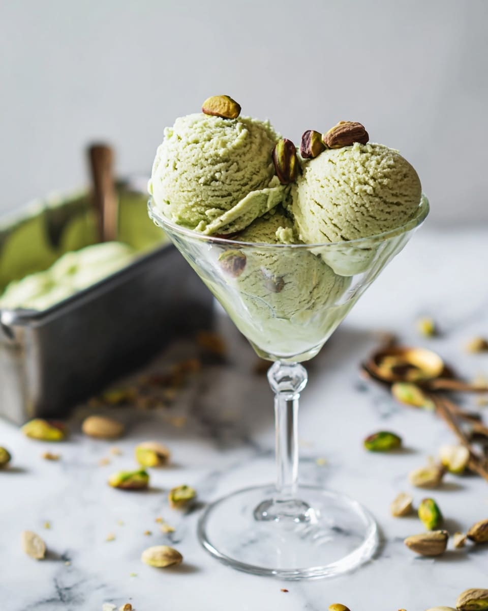 Two light green scoops of pistachio ice cream with a soft, textured surface sit inside a clear martini glass. On top of the ice cream, there are several whole pistachio nuts arranged as decoration. The glass is placed on a white marbled surface, with scattered pistachios spread out in the background. A metal container partially filled with more pistachio ice cream and a spoon is positioned behind the glass, slightly blurred. photo taken with an iphone --ar 4:5 --v 7