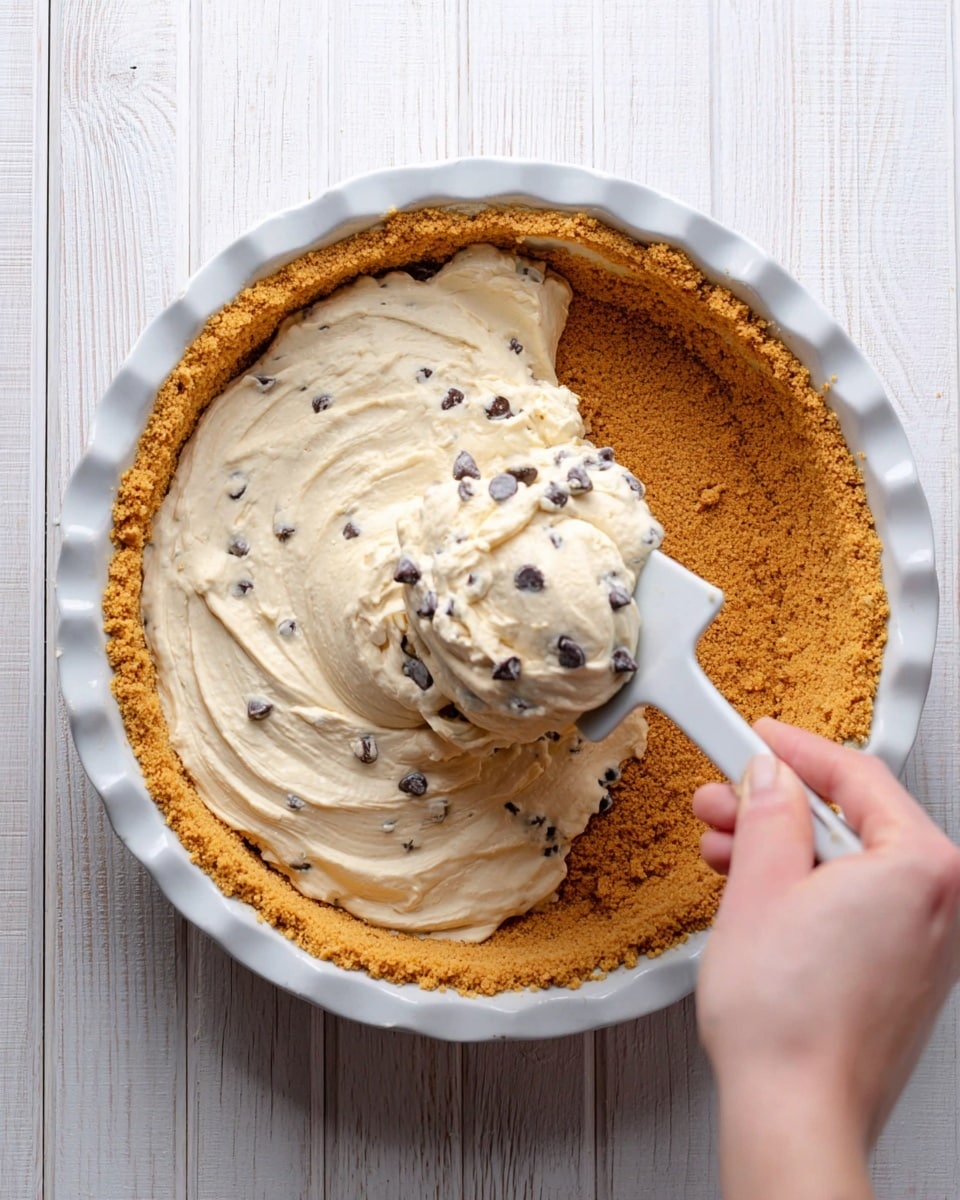 A white pie dish holds a thick, golden brown crumb crust pressed evenly along the bottom and sides, creating the base layer. A woman's hand is using a white spatula to scoop and spread a creamy, pale beige filling with small dark chocolate chips from a light gray mixing bowl into the crust, just starting to fill the pie base. The scene is set on a white marbled surface with wood grain visible around the edges. photo taken with an iphone --ar 4:5 --v 7