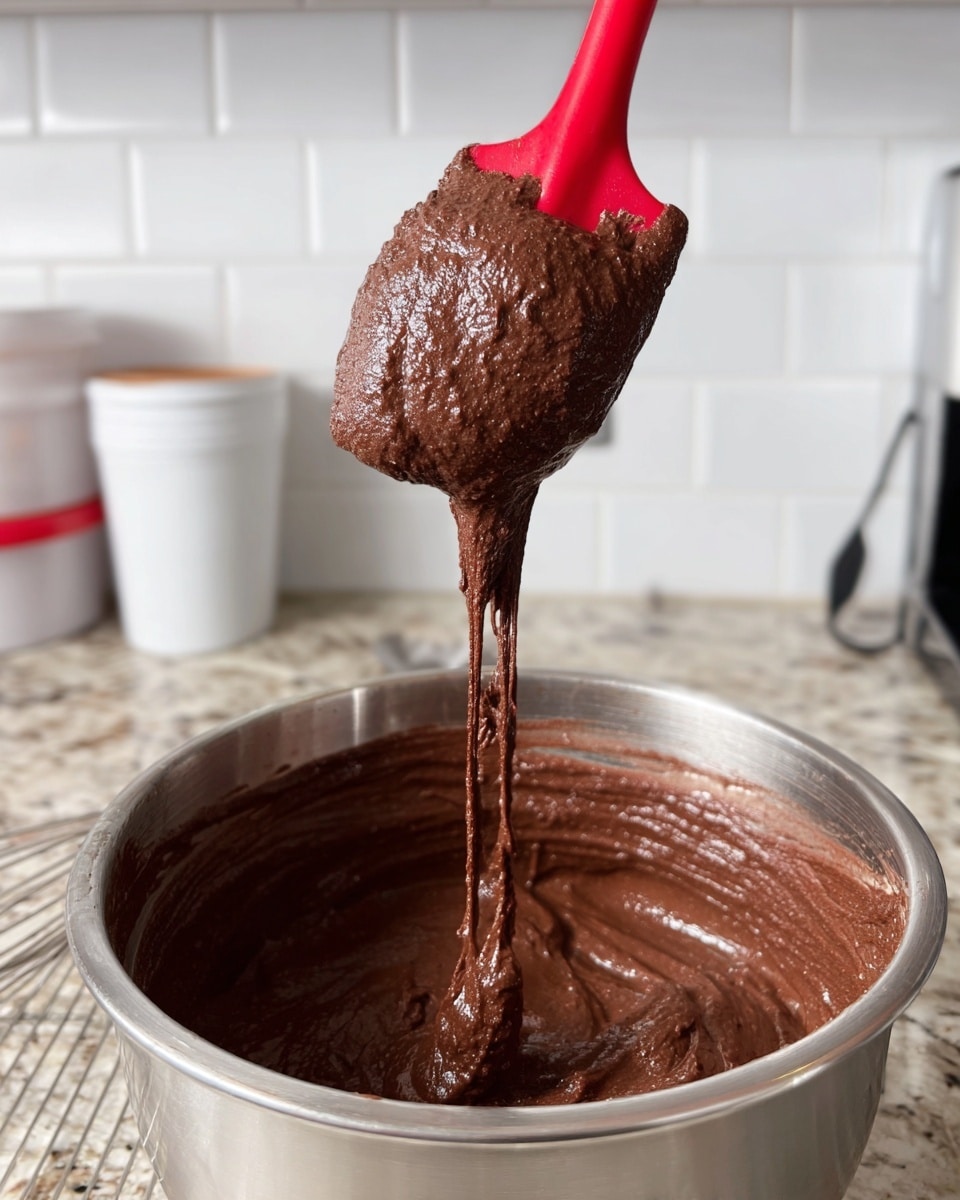 A close-up of thick, dark brown chocolate batter with a slightly shiny and dense texture is shown on a red spatula being lifted out from a silver metal mixing bowl filled with the same batter. The background features a white marbled countertop, white tiled walls, and white kitchen containers. The scene is bright and focuses on the rich batter dripping slightly from the spatula photo taken with an iphone --ar 4:5 --v 7