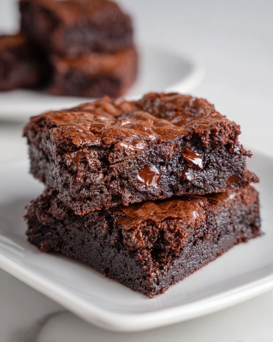 Two thick square pieces of dark brown chocolate brownies sit side by side on a white plate. The brownies have a slightly cracked and shiny top layer with visible chunks of melted chocolate inside. The texture looks soft and dense, with the edges slightly firm. In the blurred background, more brownies are stacked, all on a white marbled surface. photo taken with an iphone --ar 4:5 --v 7