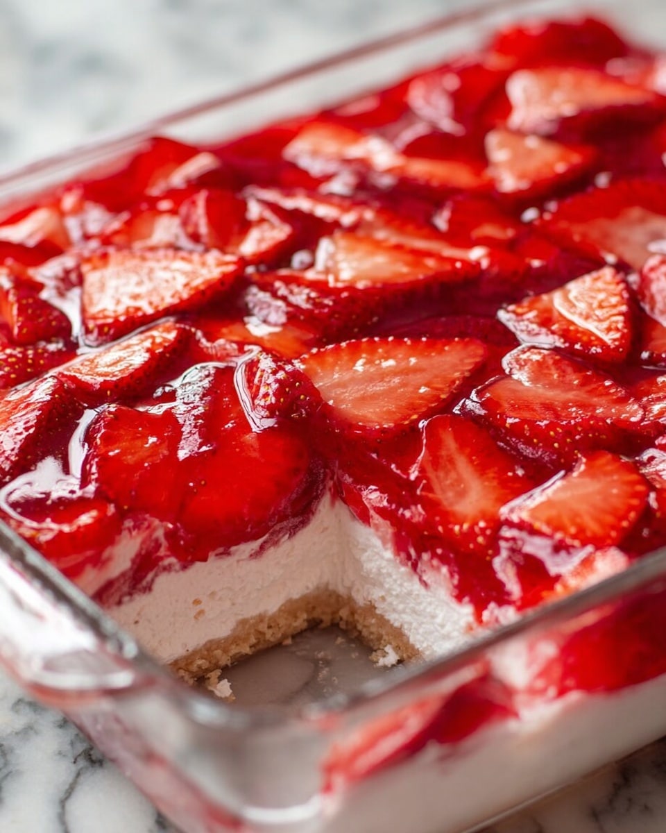 The image shows a close-up of a two-layered strawberry dessert in a clear rectangular glass dish placed on a white marbled texture. The bottom layer is white and looks soft and moist. The top layer is bright red and made of sliced strawberries covered with a shiny gel-like glaze. The strawberries are thinly sliced and spread evenly, with some slices overlapping. One piece of the dessert is already cut and partially removed, showing the clean separation between the white base and the red strawberry topping. Photo taken with an iphone --ar 4:5 --v 7