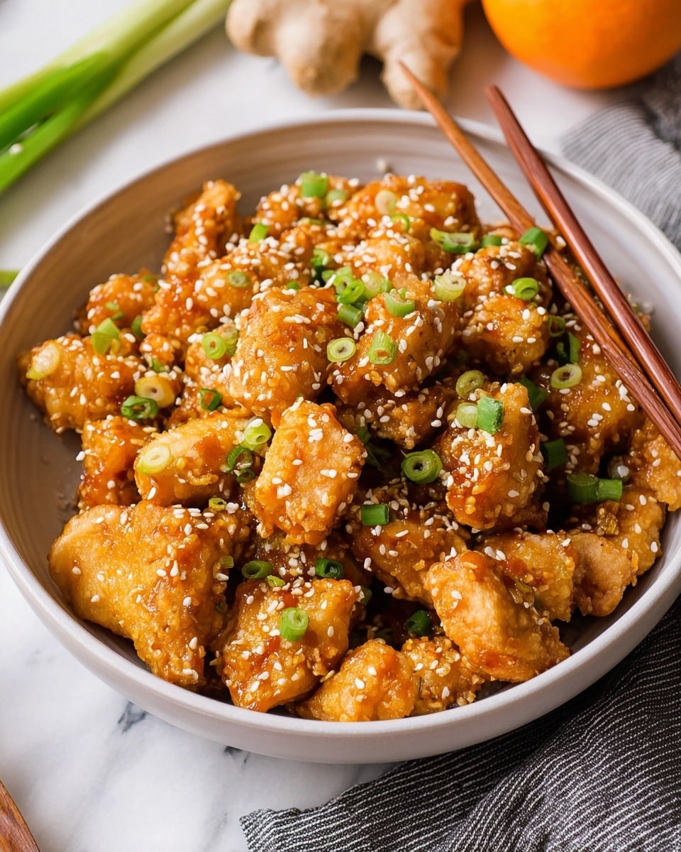 A white bowl filled with many small, golden brown fried chicken pieces coated with a light, crispy batter and sprinkled with white sesame seeds. Bright green chopped scallions are scattered over the top, adding a fresh color contrast. The bowl rests on a dark, striped cloth with wooden chopsticks resting on the edge. In the blurry background, there is a halved orange on a brown wooden surface replaced with a white marbled texture. photo taken with an iphone --ar 4:5 --v 7