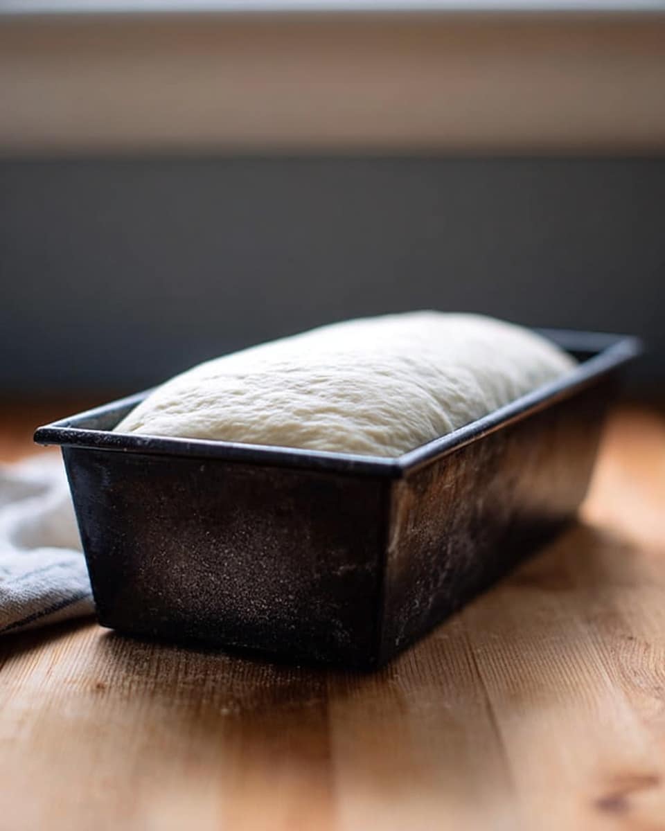 A loaf pan filled with white dough that is rising, almost reaching the top edges of the pan. The dough is smooth and fluffy, with a soft texture and slightly domed shape. The pan is dark and has a slightly rough texture, sitting on a light wooden surface with a blurred background. Photo taken with an iphone --ar 4:5 --v 7