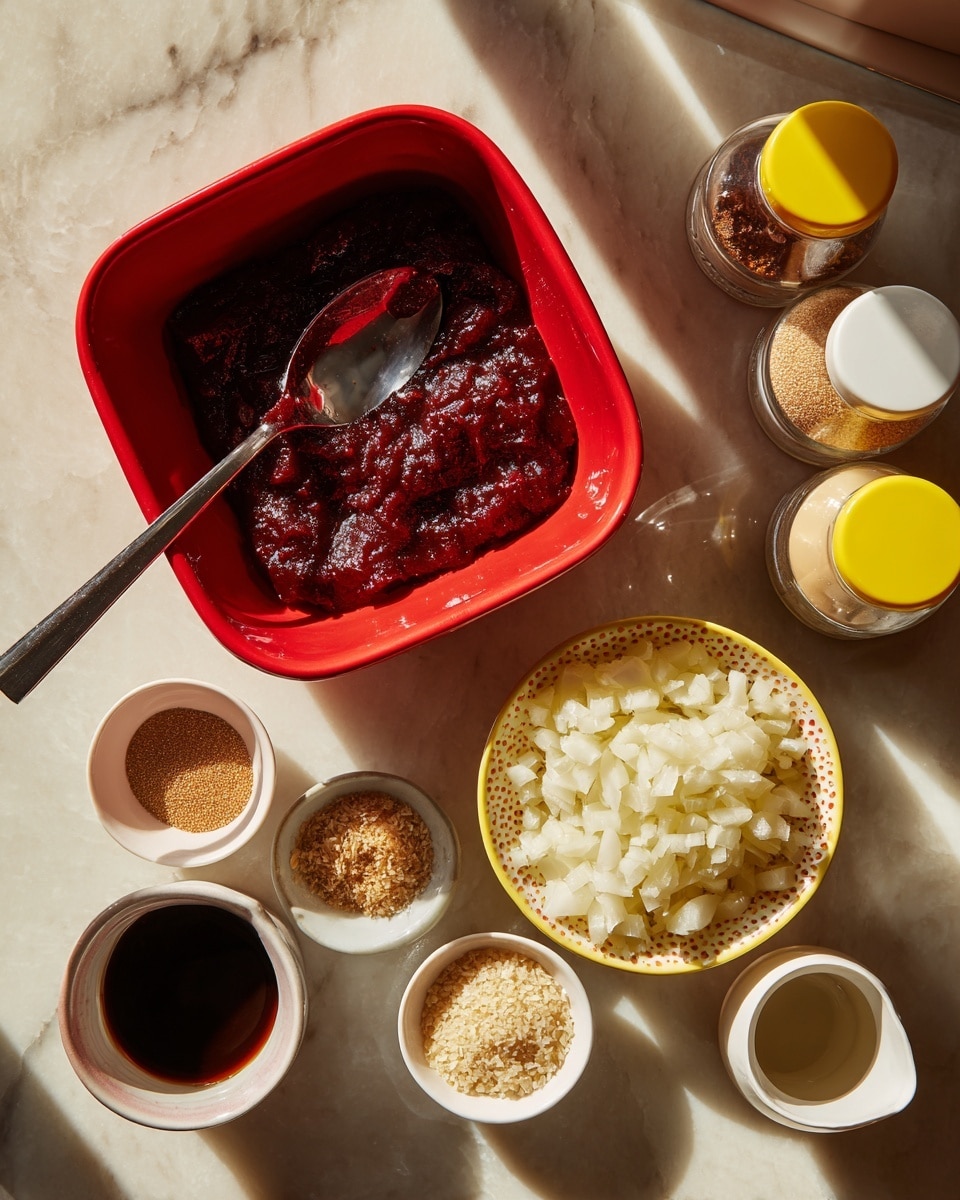 A bright red square container with dark red thick paste inside and a silver spoon rests on a white marbled surface, next to a small yellow bowl filled with white rough-textured grated radish; around these are three small round white bowls holding light brown sugar, body-colored grated ginger, and finely minced white garlic. To the right, two spice jars with yellow lids hold light brown bean grains and a liquid bottle, while a small white teapot contains a dark brown sauce. The scene is lit by warm natural light casting soft shadows. Photo taken with an iphone --ar 4:5 --v 7