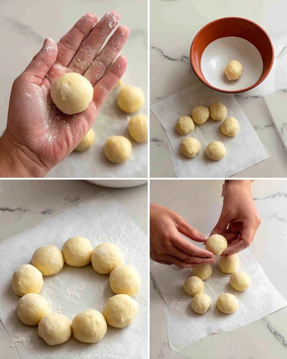 The image shows four steps of making small round dough balls. In the first step (top left), a woman's hand with flour on it holds one smooth round dough ball, with more dough balls on a white marbled surface around it. In the second step (top right), the woman's hand holds a small dough ball above a white bowl with a reddish-brown inside on a white marbled background. In the third step (bottom left), dough balls are formed into a ring shape on a piece of parchment paper on the white marbled surface, showing the smooth yellowish dough texture. In the last step (bottom right), a person is shaping dough balls on the white marbled surface, with several rings of dough balls placed on parchment papers nearby. photo taken with an iphone --ar 4:5 --v 7