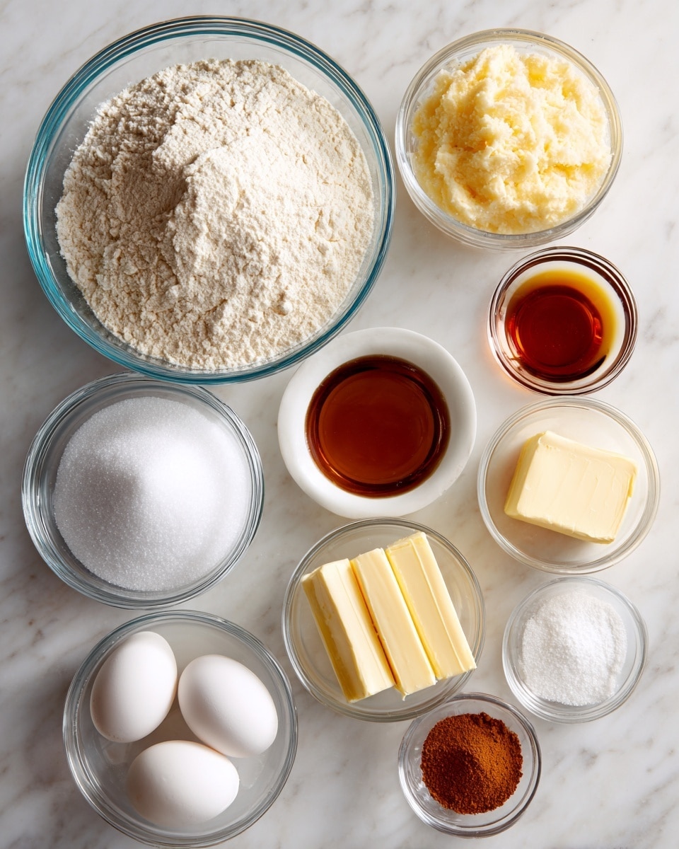 The image shows nine clear glass bowls arranged on a white marbled surface. The biggest bowl at the bottom center contains white granulated sugar. To the left of it is a large bowl filled with all purpose flour, off-white in color with a soft, powdery texture. Above the sugar bowl, a small bowl holds clear vanilla extract with a dark amber color. To the right of the vanilla is a small bowl of light yellow cream of tartar powder. To the right side, a medium bowl contains three light yellow sticks of butter with a smooth, solid texture. Below the butter are two white eggs in a small bowl with a smooth surface. Next to the flour, two tiny bowls hold baking soda and salt, both white powders. Near the butter and eggs are two small bowls with ground cinnamon, a reddish-brown powder. All the bowls are see-through and the image is bright and clear. Photo taken with an iphone --ar 4:5 --v 7