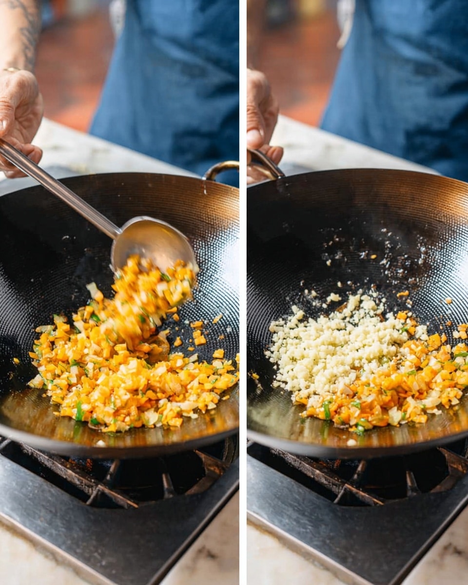 A large black wok is shown in two side-by-side images, resting on a stovetop with a white marbled surface underneath. Inside the wok, there is one layer of small, finely diced yellow-orange vegetables and some green bits being stirred. In the left image, a metal spoon held by a woman's hand is lifting the mixed vegetables. In the right image, a second layer is added, consisting of a small pile of minced white garlic sitting on top of the cooked vegetables. The background is blurred but shows a person wearing a blue apron. Photo taken with an iphone --ar 4:5 --v 7