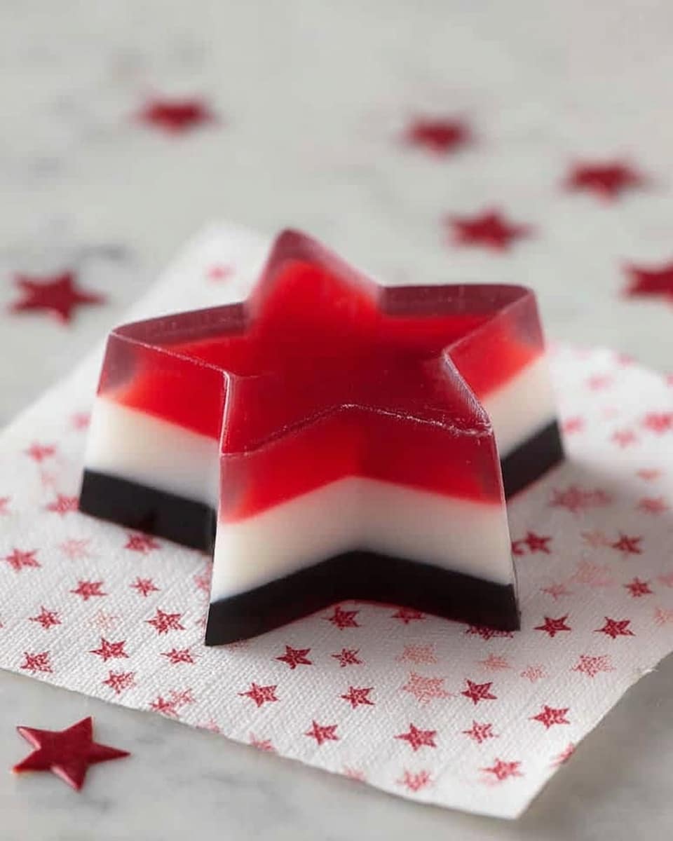 The image shows a star-shaped layered jelly dessert with four layers stacked one on top of the other. The top layer is bright red and semi-transparent, followed by a solid white layer, then a solid black layer, and finally a solid white layer at the bottom. The dessert is placed on a white napkin decorated with small red stars. The background is a white marbled surface. photo taken with an iphone --ar 4:5 --v 7