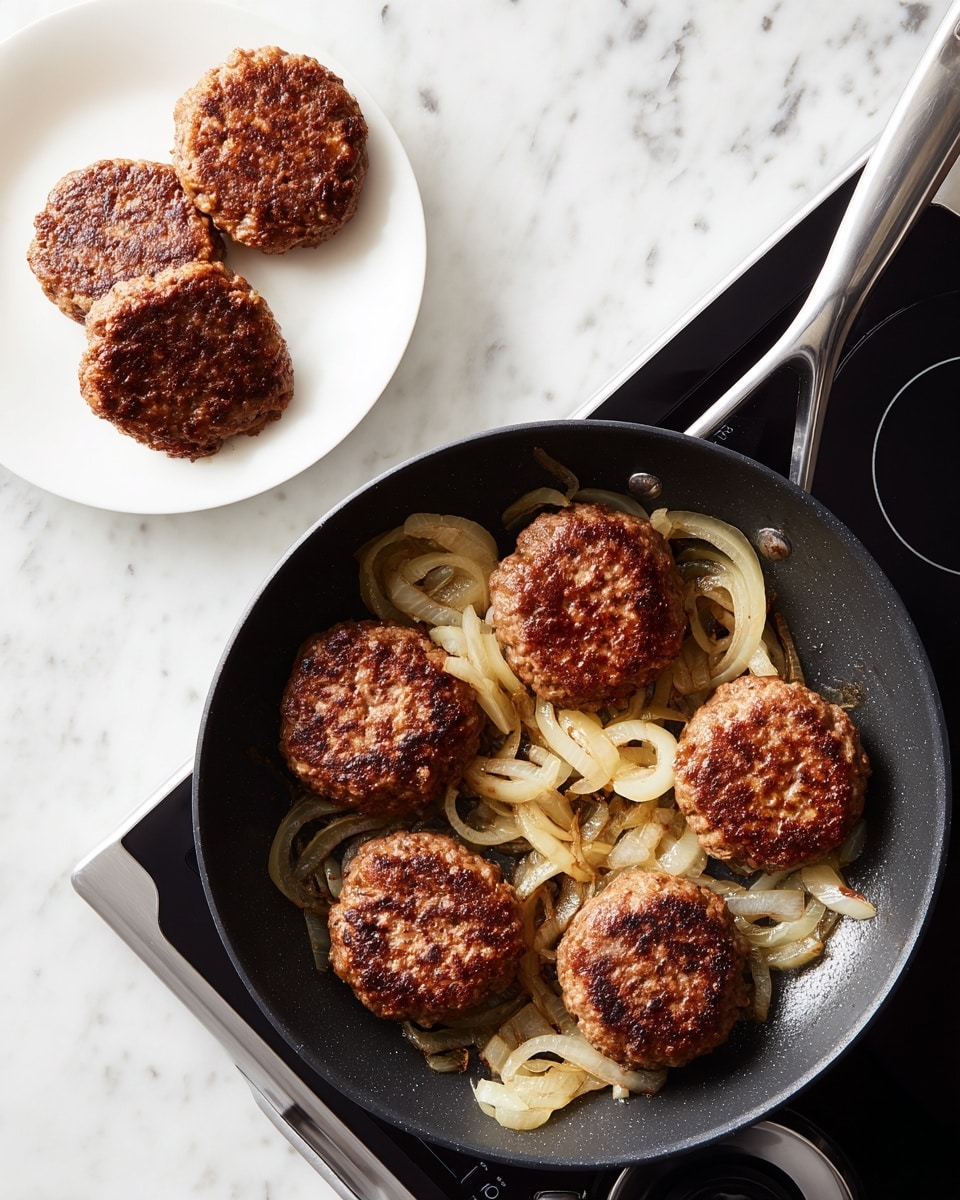 The image shows a black pan on a white marbled surface, with five cooked brown patties and sliced golden-brown onions inside it. Next to the pan, on a white plate, there are four browned patties placed loosely. The patties have a rough, crispy texture on the outside, varying in shape and size. The sliced onions are soft and slightly caramelized, spread unevenly around the patties in the pan. The pan handle extends toward the bottom right of the image, with the whole setup resting on a black electric stove top. The scene is bright and clear, highlighting the color contrast between the dark pan, golden onions, and brown patties, all against the white marbled background photo taken with an iphone --ar 4:5 --v 7