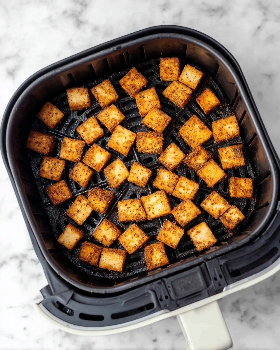 Inside a black air fryer basket, there are small brown and crispy cubes of tofu spread out evenly, showing a slightly rough texture with a mix of dark and light brown seasoning on their surface. The basket has a pattern of vents and ridges underneath the tofu, creating a fan-like design. The background is a white marbled texture. photo taken with an iphone --ar 4:5 --v 7