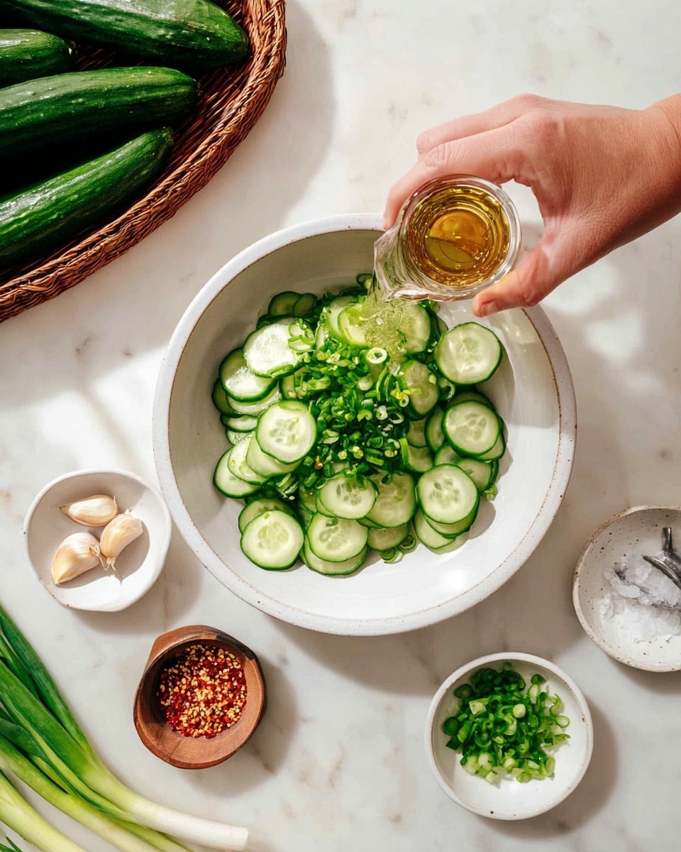 A white bowl sits on a white marbled surface filled with thin cucumber slices and chopped green onions layered evenly inside. Above the bowl, a woman's hand holds a small glass container with golden liquid, poised to pour over the vegetables. Surrounding the bowl are small white bowls with more chopped green onions, garlic cloves, a white measuring cup with sesame seeds, and a clear bowl of red spices. In the top left corner, a brown wicker basket holds long green cucumbers and white scallions. The scene is bright with natural light. photo taken with an iphone --ar 4:5 --v 7