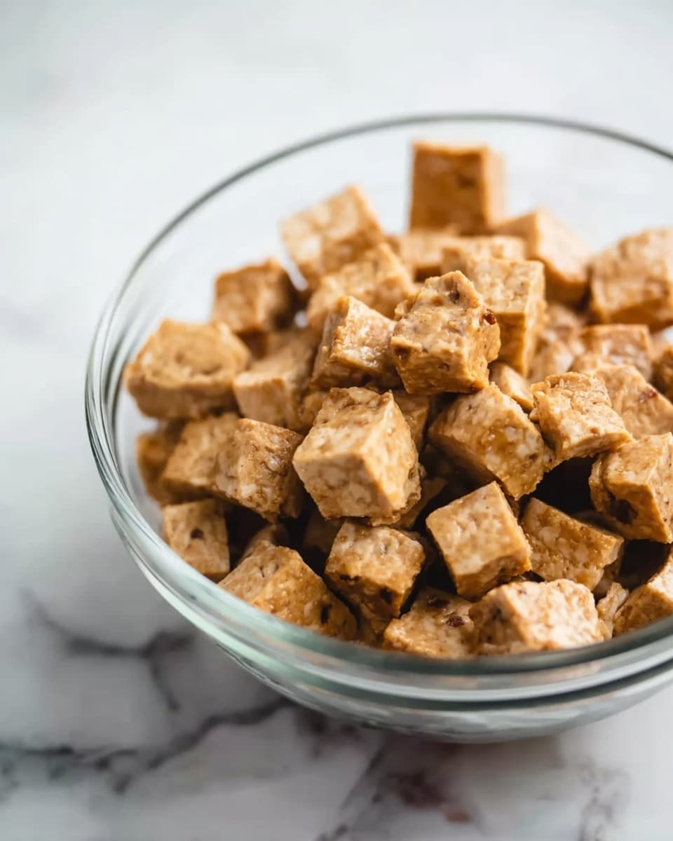 The image shows a clear glass bowl filled with many small, cubed pieces of light brown tempeh. Each cube has a slightly uneven texture with some visible darker spots, giving them a natural and fresh look. The bowl is resting on a white marbled surface, and the tempeh cubes are piled up, filling most of the bowl. The lighting highlights the slight gloss on the tempeh pieces, making them look moist and fresh. photo taken with an iphone --ar 4:5 --v 7