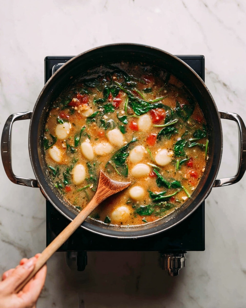 A large black pot sitting on a black electric stove shows a soup being stirred with a wooden spoon held by a woman's hand entering from the left. Inside the pot, the soup has several layers: at the bottom is a light brown broth with a slightly cloudy texture, mixed with small red diced tomatoes scattered through the broth. Floating on top are white, soft, rounded gnocchi pieces and bright green, fresh spinach leaves, some partially wilted in the liquid. The pot sits on a white marbled surface, giving a clean and fresh kitchen feel. photo taken with an iphone --ar 4:5 --v 7