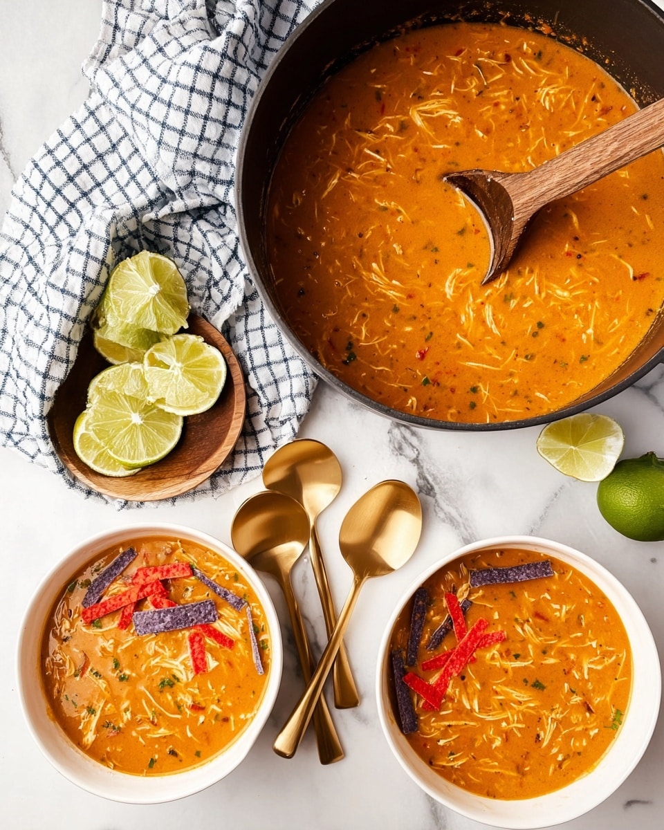 A large black pot holds thick, orange soup with visible shredded pieces, stirred by a wooden ladle resting inside. Two white bowls filled with the same orange soup sit below the pot on a white marbled surface; each bowl is topped with colorful strips of red, purple, and beige tortilla. Near the bowls lie two shiny golden spoons, and scattered lime wedges and whole limes add fresh green accents. A white and blue checkered cloth is spread casually among the bowls and pot. Photo taken with an iphone --ar 4:5 --v 7