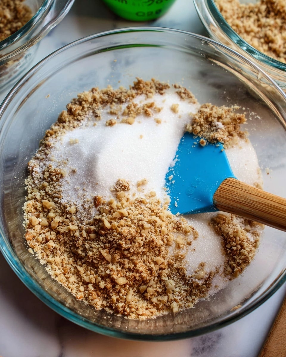 A clear glass mixing bowl sits on a white marbled surface filled with three layers of ingredients: the bottom layer is light brown crushed nuts with a rough texture, the middle layer is a fine white sugar powder, and the top layer is another portion of crushed nuts similar to the bottom layer. A blue spatula with a wooden handle is partially pressed into the mixture from the right side. The background shows another glass bowl and a green measuring cup slightly blurred. Photo taken with an iphone --ar 4:5 --v 7