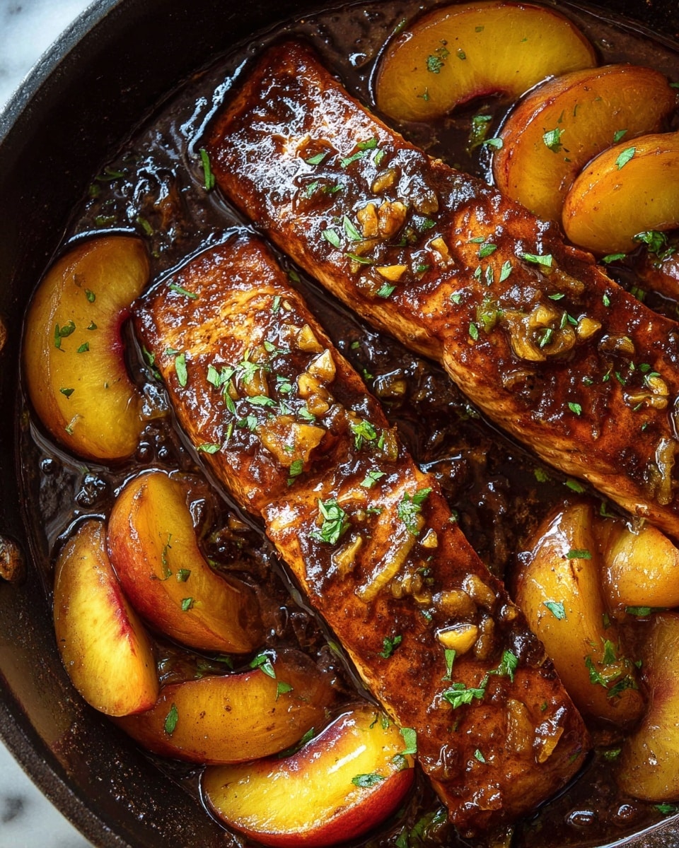 The image shows two thick salmon fillets cooked in a dark pan with a shiny, sticky glaze that has a deep orange color and small bits of chopped garlic on top. Around the salmon are several slices of golden-yellow peaches with red skins, also covered in the glossy sauce, which pools around the ingredients. Small pieces of green herbs are sprinkled over the salmon and peaches, adding a touch of brightness. The surface underneath the pan is a white marbled texture. photo taken with an iphone --ar 4:5 --v 7