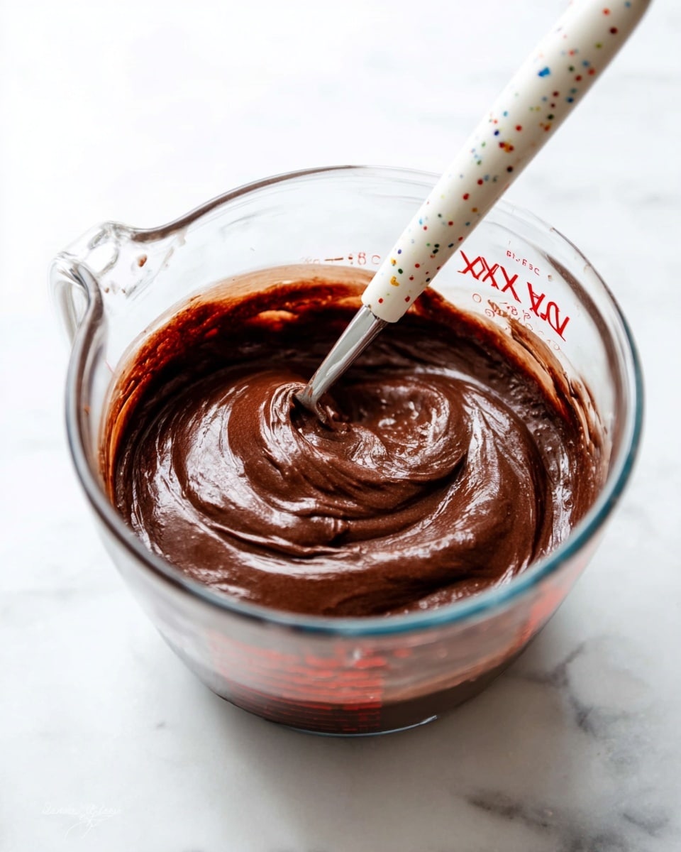 The image shows a clear glass Pyrex measuring cup filled with thick, smooth dark brown chocolate batter. A metal utensil with a white handle, speckled with small colored dots, is partially dipped into the batter, resting on the side of the cup. The batter looks rich and creamy, with gentle swirls and soft peaks visible on the surface. The measuring cup sits on a white marbled surface, and the photo is bright with natural light highlighting the shiny texture of the batter. photo taken with an iphone --ar 4:5 --v 7