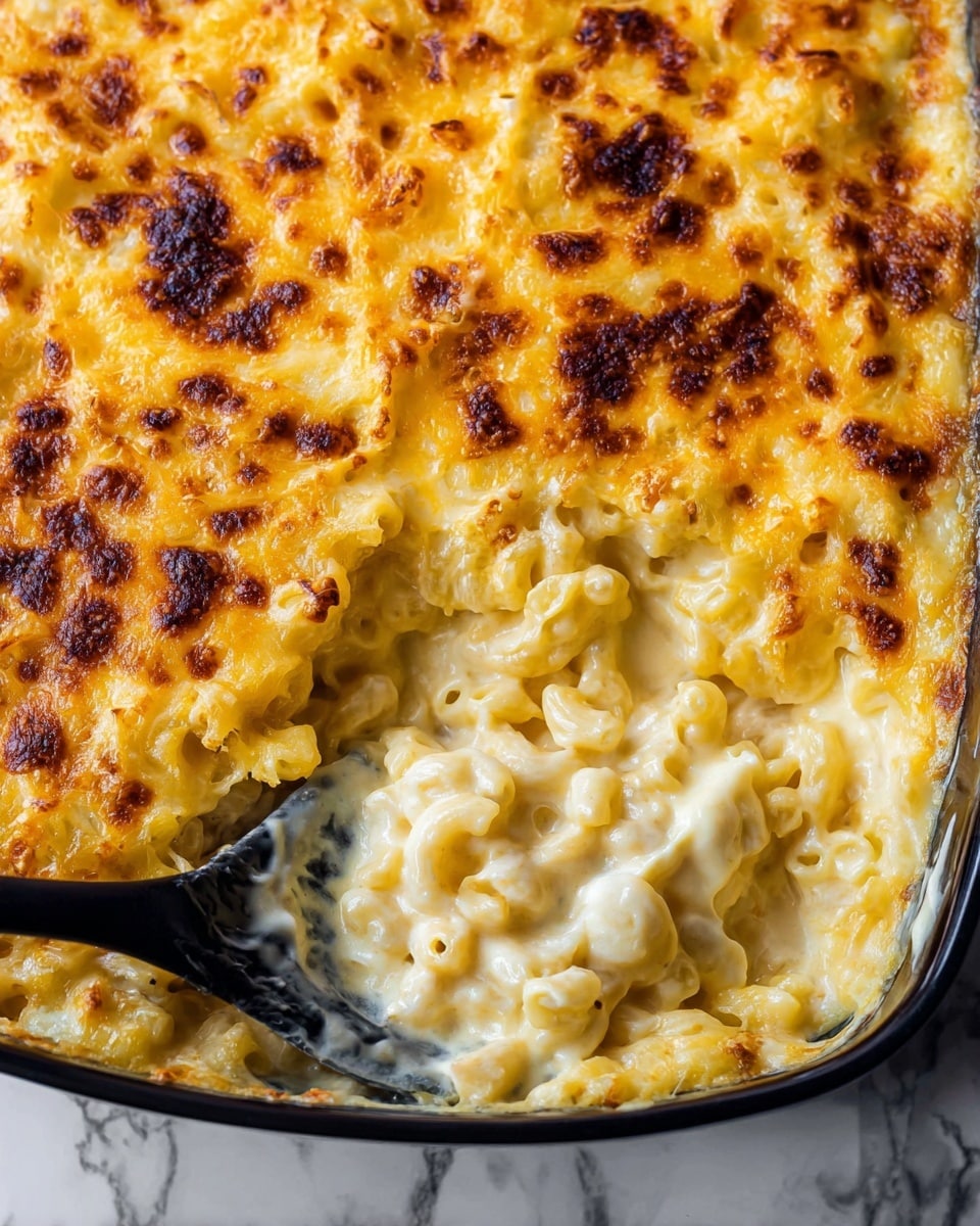 The image shows a close-up of a baked macaroni and cheese dish in a black baking dish. The top layer is golden yellow cheese with browned spots and a slightly crispy texture. Below the cheesy crust, there is a creamy, thick sauce mixed with macaroni pasta. The sauce is pale yellow and smooth, coating each macaroni piece evenly. A black spoon inside the dish scoops out some of the creamy pasta, showing its soft and rich texture underneath the cheesy top. The background is a white marbled texture. Photo taken with an iphone --ar 4:5 --v 7