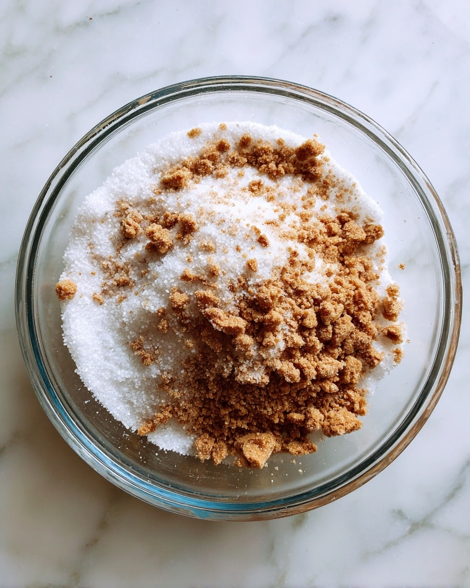 A clear glass bowl sits on a white marbled surface, filled with a mix of white granulated sugar covering uneven clusters of light brown crumbs and darker brown small chunks scattered throughout, creating a rough, textured layer mostly flat but with some raised bits. photo taken with an iphone --ar 4:5 --v 7
