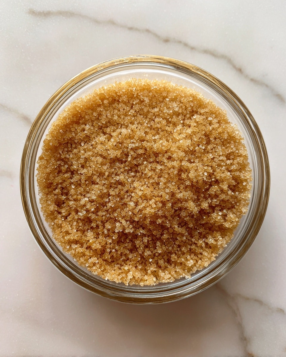 A clear glass bowl sits on a white marbled surface, filled with a single layer of light brown, crumbly sugar that has a slightly coarse texture and uneven surface. The sugar is evenly spread inside the bowl, showing small granules that catch the light, indicating a dry and loose consistency. Photo taken with an iphone --ar 4:5 --v 7