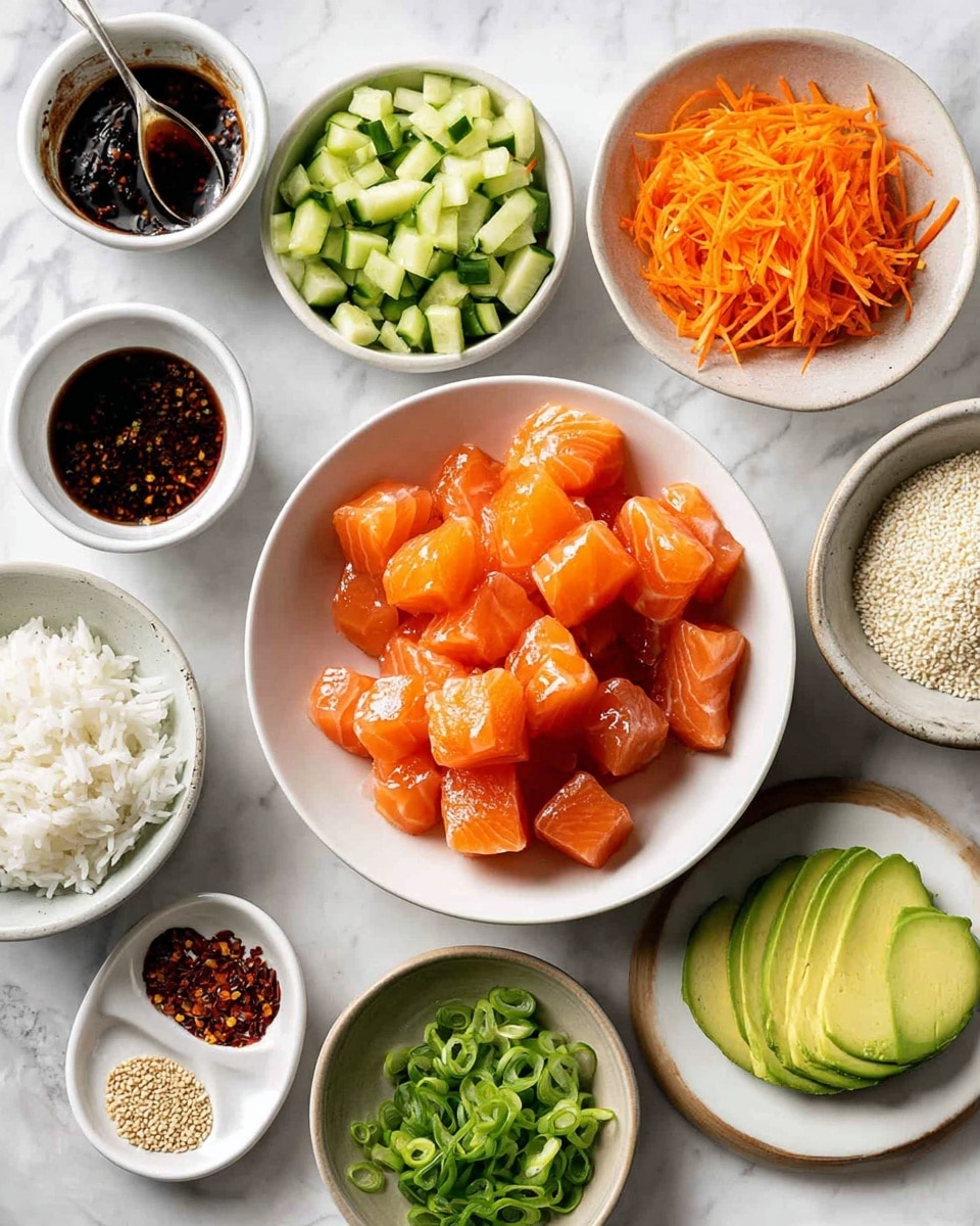 The image shows 18 small, thick pieces of raw salmon arranged in three rows on a baking tray lined with white parchment paper. The salmon has a rich orange color with fine white lines running through the flesh, and each piece is lightly sprinkled with black pepper. Around the tray, there are white bowls holding different ingredients: sliced green onions in a green bowl on the left, white and black sesame seeds, a mix of spices, chopped cucumber in a white bowl at the top right, dark sauce in a white bowl at the bottom right, shredded orange carrots, and sliced avocado fanned out in a green bowl at the bottom left. The whole setup is placed on a white marbled surface. photo taken with an iphone --ar 4:5 --v 7