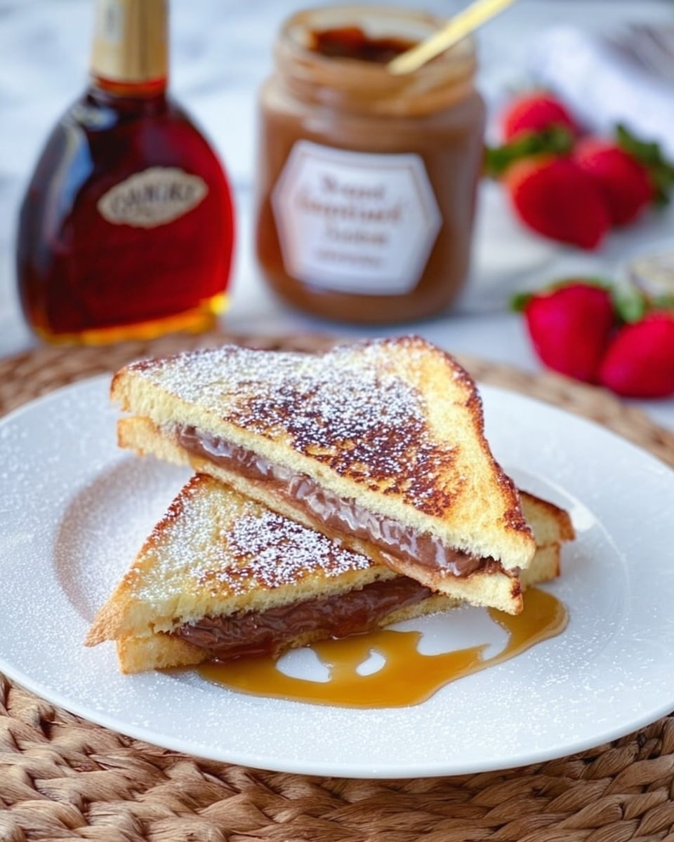 A white plate holds two thick golden brown folded slices of French toast with a soft texture and powdered sugar sprinkled on top; the top piece reveals a melted chocolate filling that is glossy and creamy inside, oozing slightly onto the plate. A silver fork rests near the toast with syrup pooling around it, adding a shiny amber layer. In the background, there is a blurred white bowl of green leafy salad and two bottles, one red and one orange, placed on a white marbled surface. Photo taken with an iphone --ar 4:5 --v 7