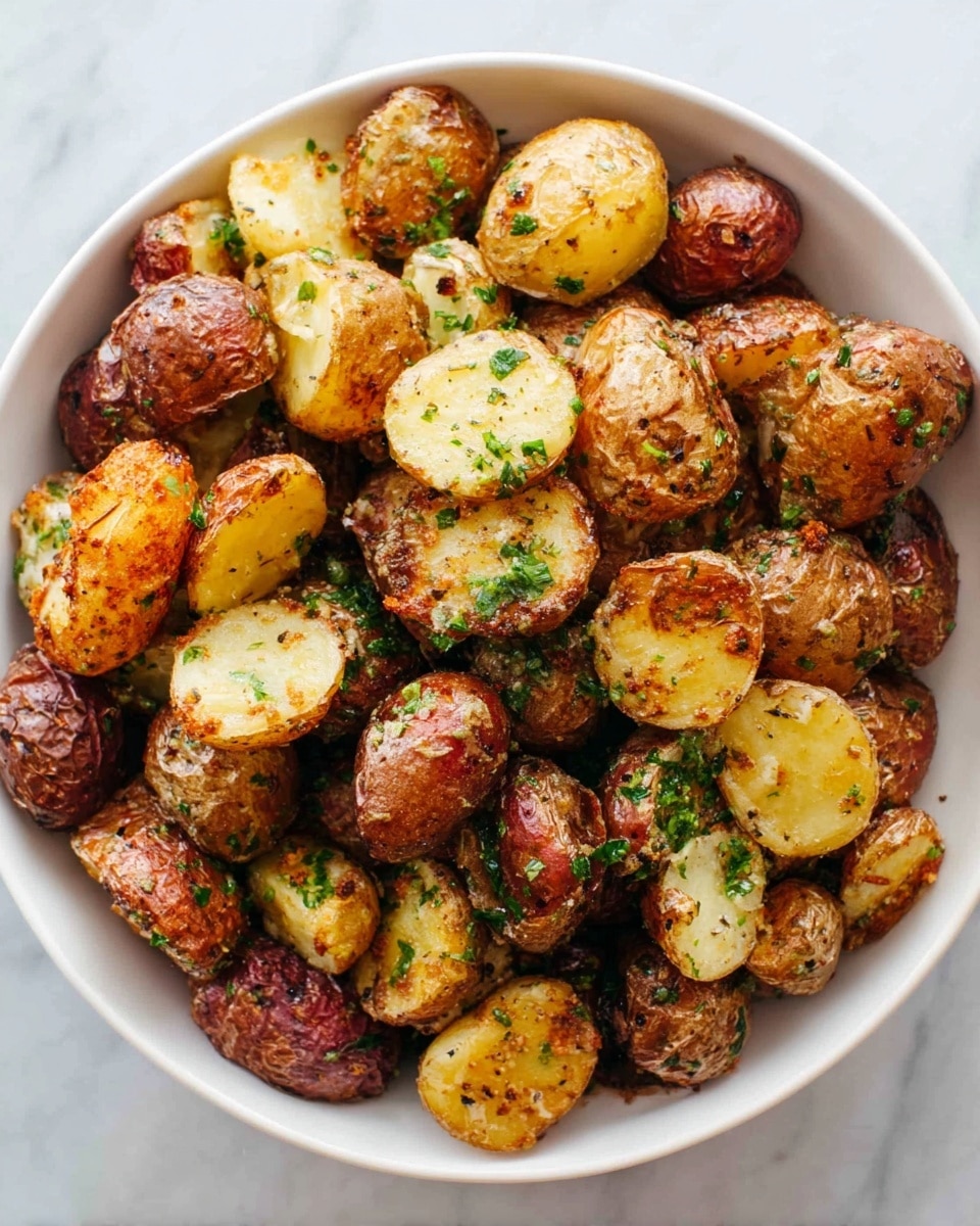 This image shows many small roasted potatoes cut in half and spread on a sheet of parchment paper over a white marbled surface. The potato skins are golden brown and slightly crispy, with a soft, light yellow inside. The potatoes are sprinkled with green chopped herbs and small pieces of browned garlic or seasoning, giving a textured look with spots of darker color. The overall arrangement is loose and scattered, showing the rustic, baked texture of the potatoes. Photo taken with an iphone --ar 4:5 --v 7