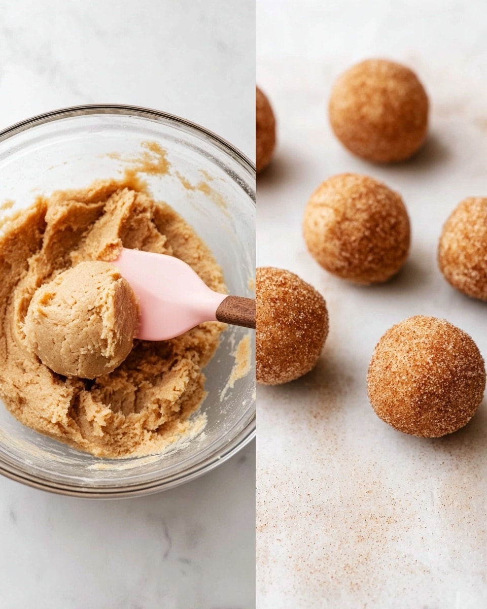 The image shows two parts: on the left, there is a clear glass bowl with light brown dough inside, and a pink spatula with a wooden handle resting in the bowl, the dough has a soft and slightly sticky texture; on the right, there are round dough balls covered in a cinnamon sugar mix, placed on a white marbled surface, the balls are medium brown with a grainy texture and spaced apart evenly. photo taken with an iphone --ar 4:5 --v 7