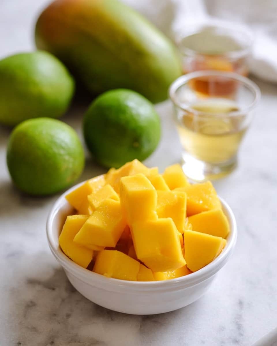 A close-up view of a peeled mango sliced into small square pieces while still attached to the skin, showing a bright yellow-orange color with smooth texture. The mango is on a white marbled surface with some yellow juice droplets around, and a metal grater is partially visible on the top right corner, adding context to the preparation. In the lower part of the image, a pile of more cubic mango pieces is seen, showing the juicy and fresh inside with a soft look. Photo taken with an iphone --ar 4:5 --v 7