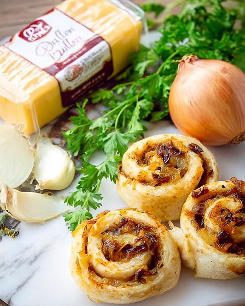 The image shows three small spiral rolls placed on a white marbled board, each roll baked to a light golden brown with visible bits of dark brown and translucent caramelized onions inside. Around the rolls, there are fresh green parsley leaves with some onion bulbs nearby, one peeled and the other whole, all set against a white marbled background. On the left side of the image, there is a block of yellow butter cheese in clear packaging with a red and white label. The whole scene is bright and fresh, highlighting the soft texture of the rolls with the cheesy and onion filling visible in the swirls. Photo taken with an iphone --ar 4:5 --v 7