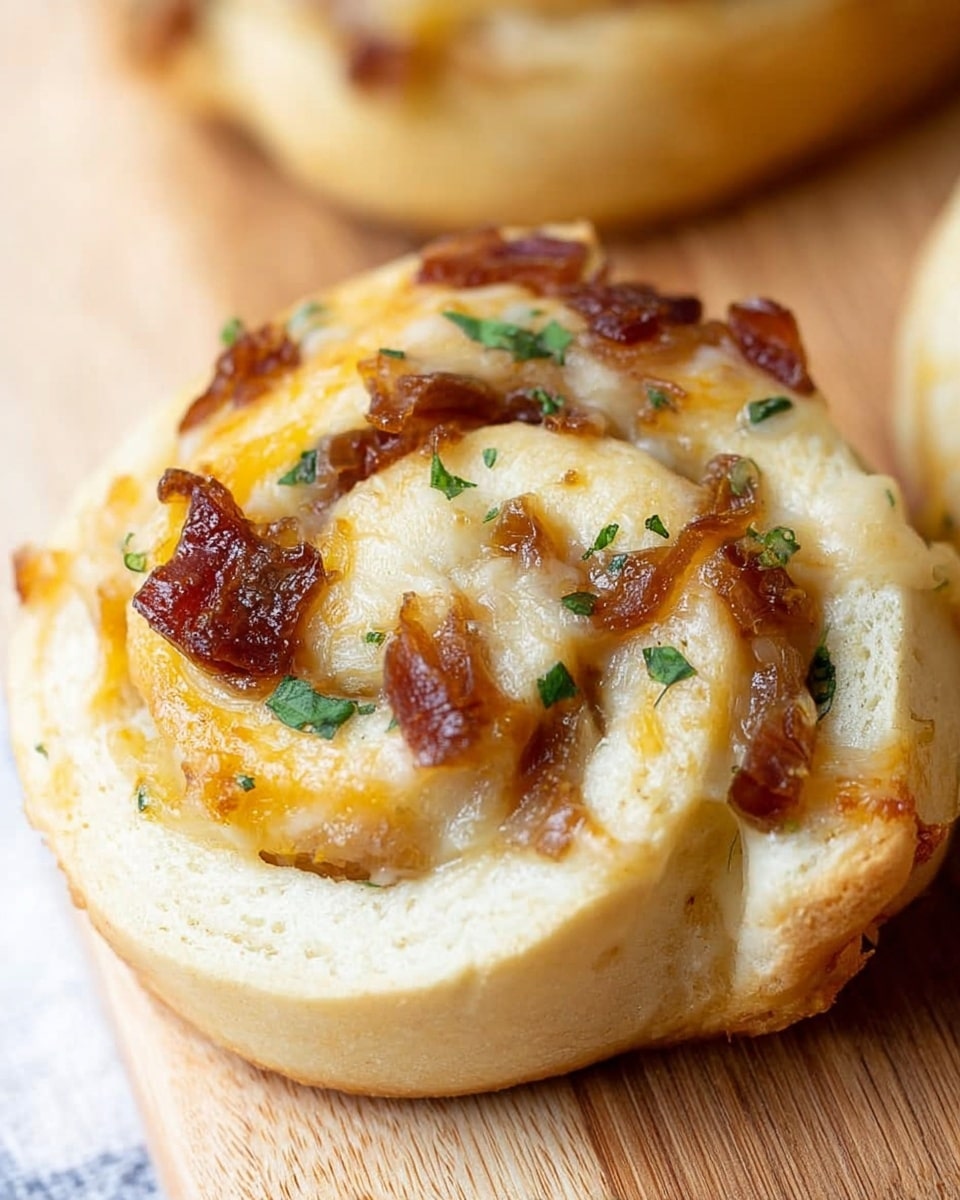 The image shows five golden-brown cheese and herb rolls placed closely on a wooden board. Each roll has two visible layers of soft, fluffy dough swirled with a layer of melted cheese that is slightly browned on top, mixed with finely chopped herbs. The edges are slightly crispy, and some darker roasted spots add texture. In the background on the right side, there is a bunch of fresh green herbs resting on the wooden board. The whole scene is set against a white marbled surface. photo taken with an iphone --ar 4:5 --v 7