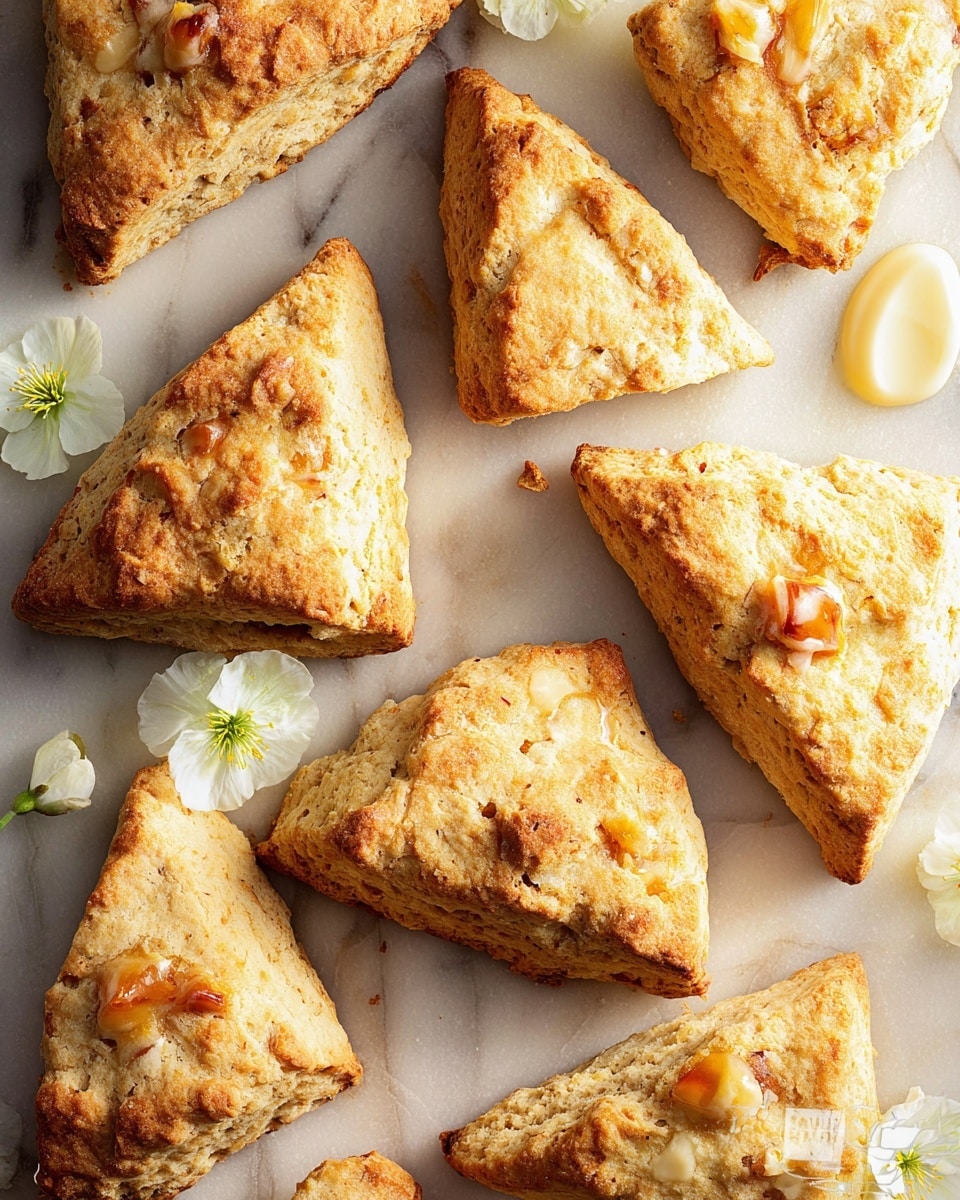 The image shows many triangular scones lying flat on a white marbled surface. Each scone has a light golden-brown top with some cracks and rough texture, showing a slightly crispy outside. You can see chunks of something light orange or peach-colored embedded inside the scones, giving a soft contrast to the pale baked dough. There are small crumbs scattered around the scones. On the side, there are two small white flowers with green stems and a white butter spread on the surface near a silver knife. The overall look is warm and inviting, with natural light highlighting the textures and colors. photo taken with an iphone --ar 4:5 --v 7