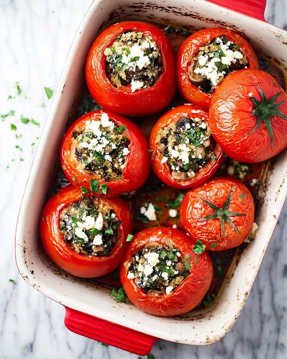 The image shows several red tomatoes with their tops placed next to them, hollowed out and filled with a mix of chopped mushrooms, green spinach, and white cheese, with small green herb leaves sprinkled on top. The tomatoes are arranged inside a white baking dish with red handles, sitting on a white marbled surface. The focus is on the front left tomato, showing the detailed texture of the soft tomato skin, moist mushroom pieces, and crumbly cheese on top. Photo taken with an iphone --ar 4:5 --v 7