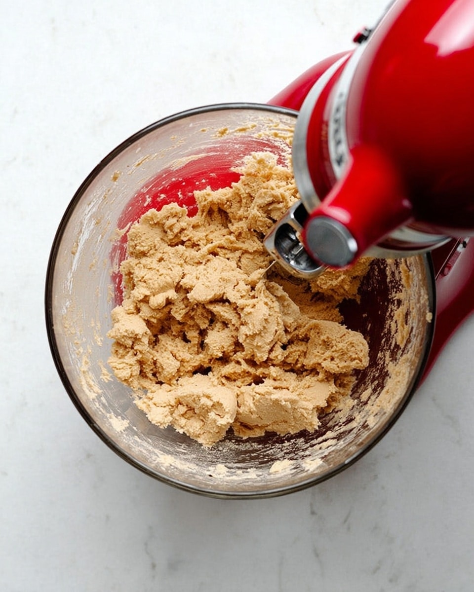 A top view of a clear glass mixing bowl attached to a red KitchenAid mixer filled with light brown dough clumped together with a thick, crumbly texture. The bowl is centered on a white marbled surface. The dough appears to be in the middle of mixing, with chunks unevenly piled inside the bowl. photo taken with an iphone --ar 4:5 --v 7